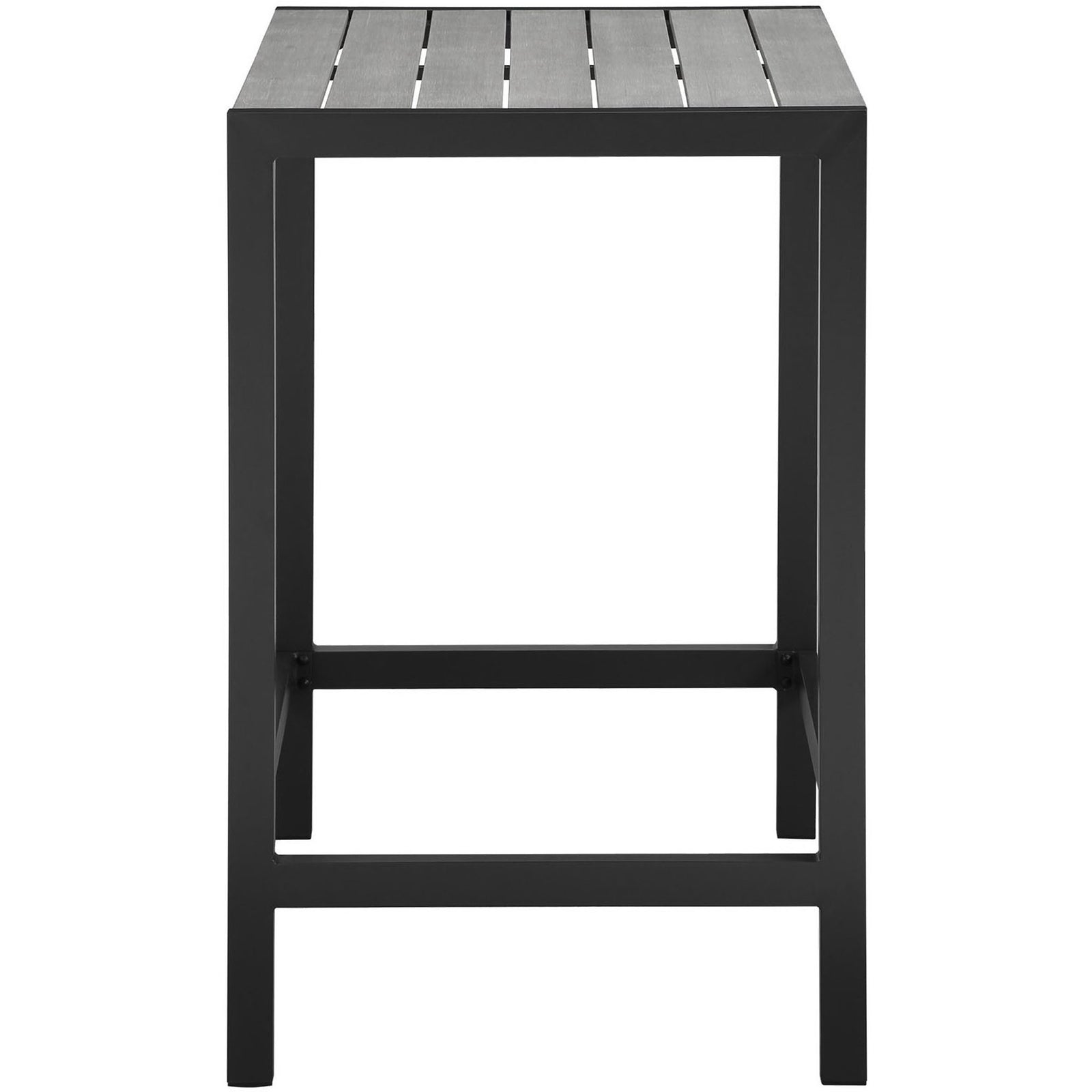 Square outdoor bar table with slim black frame and gray slatted top for modern balconies and patios || EEI-1511-BRN-GRY || front_studio