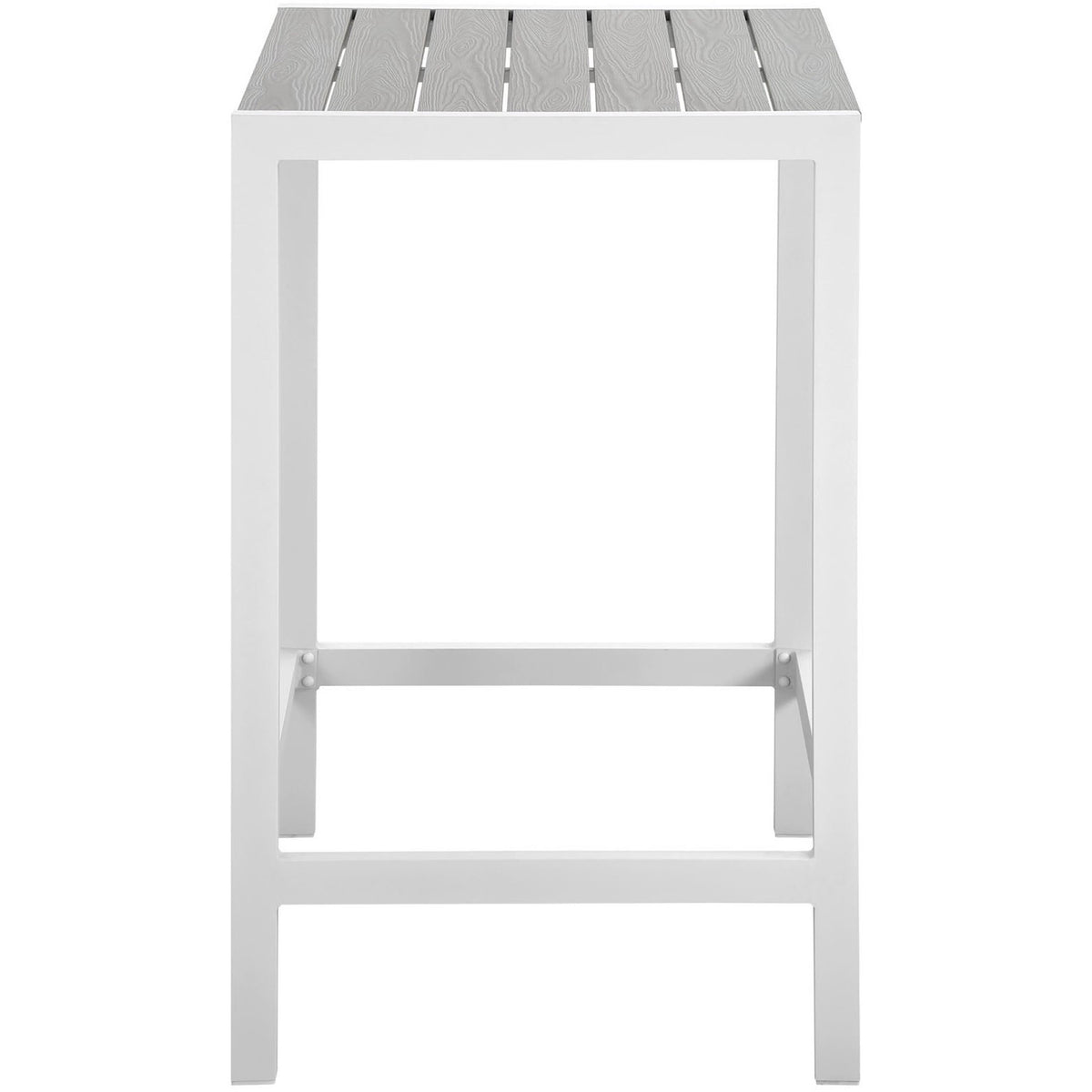 Square patio bar table with crisp white frame and light gray plank top for fresh outdoor style || EEI-1511-WHI-LGR || front_studio