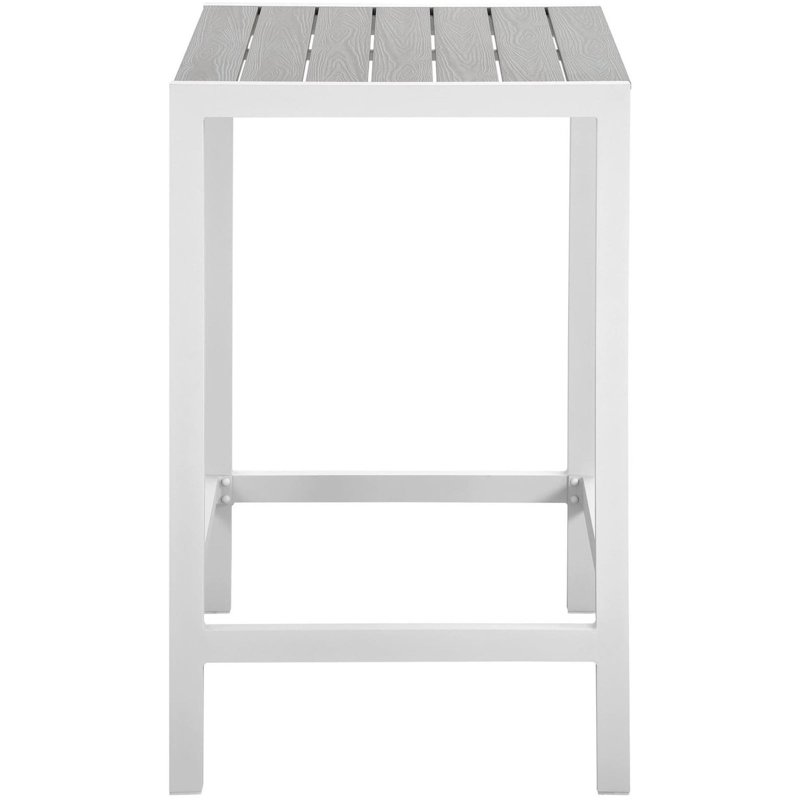 Square patio bar table with crisp white frame and light gray plank top for fresh outdoor style || EEI-1511-WHI-LGR || front_studio