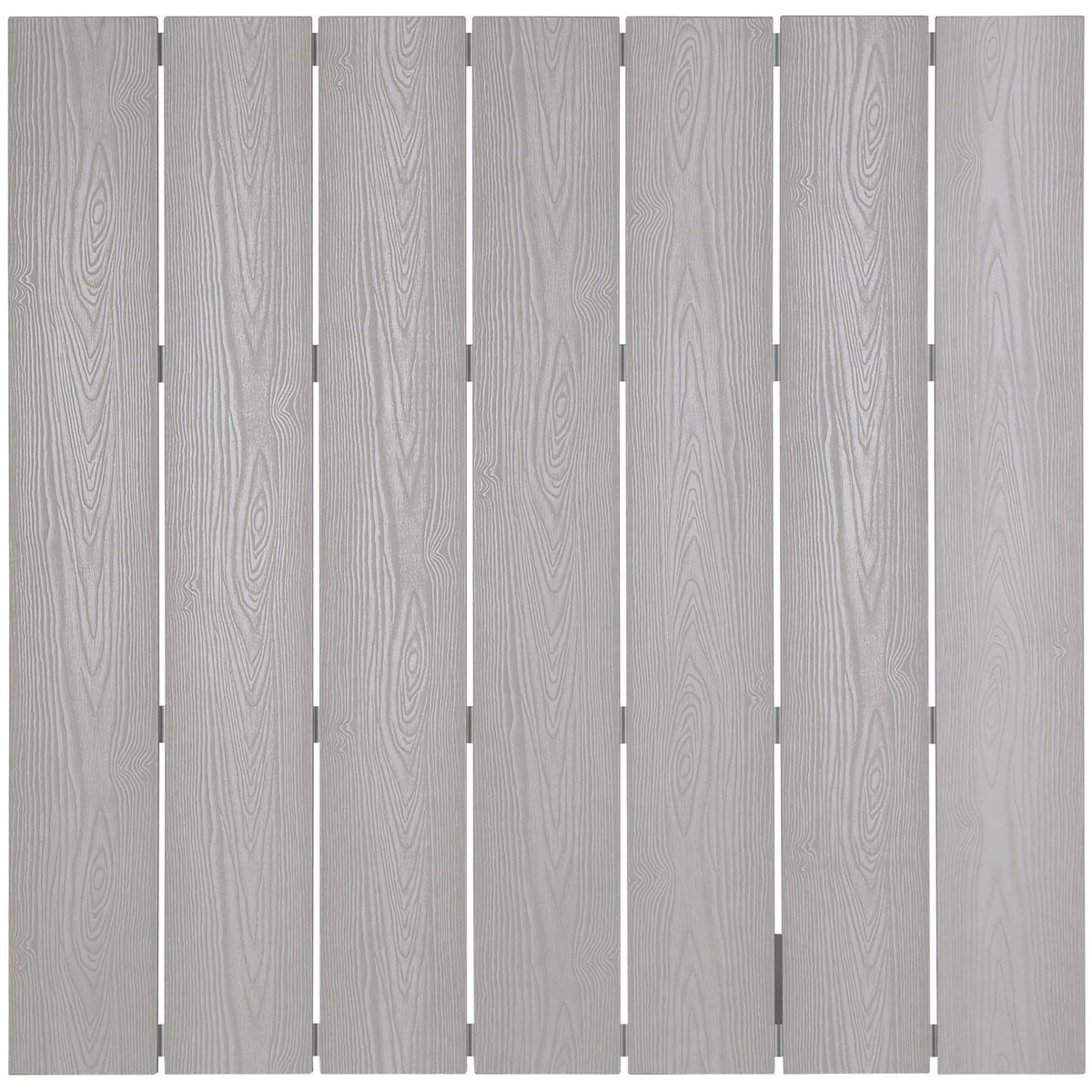 Closeup of light gray synthetic wood planks highlighting the subtle grain texture of the tabletop || EEI-1511-WHI-LGR || swatch_studio