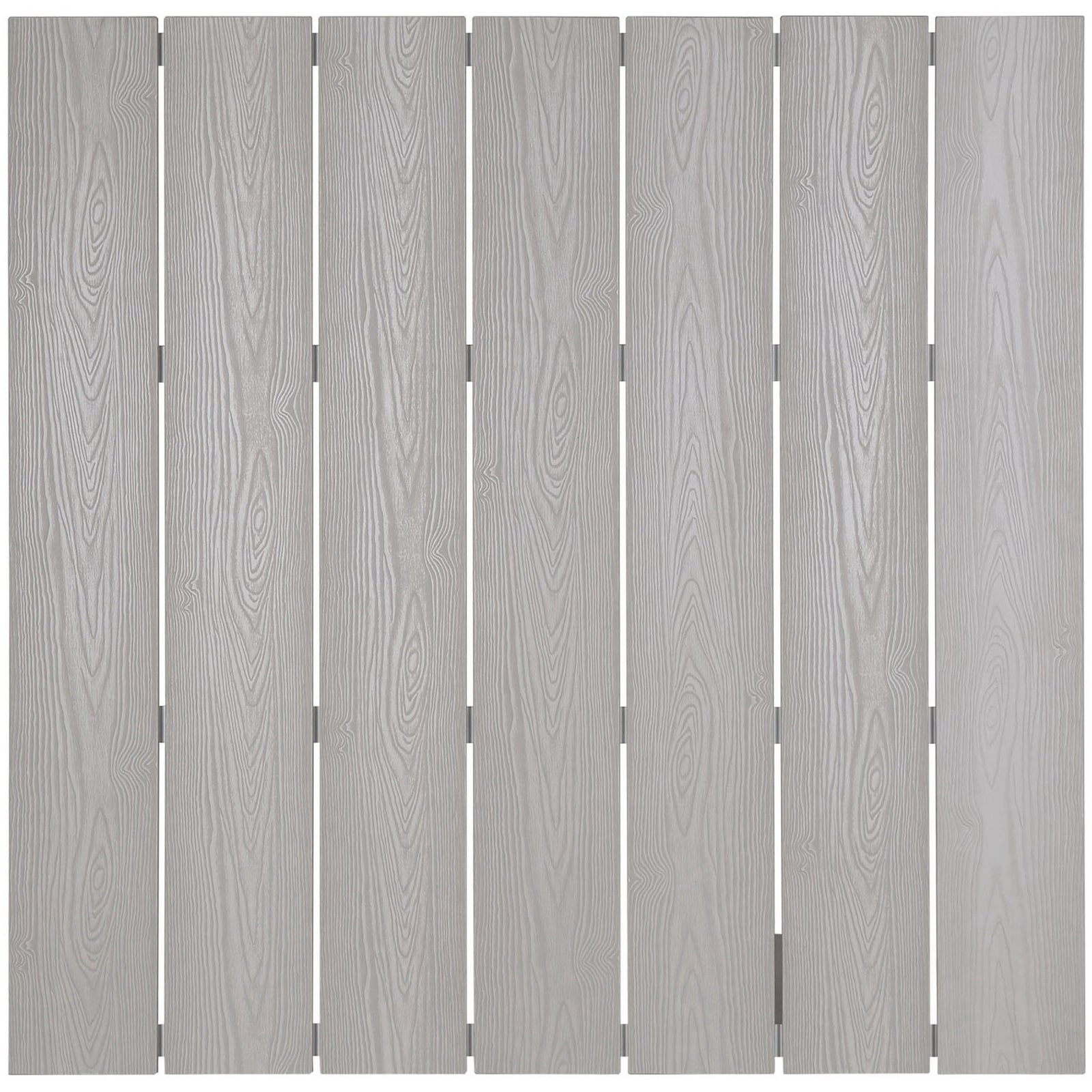 Closeup of light gray synthetic wood planks highlighting the subtle grain texture of the tabletop || EEI-1511-WHI-LGR || swatch_studio
