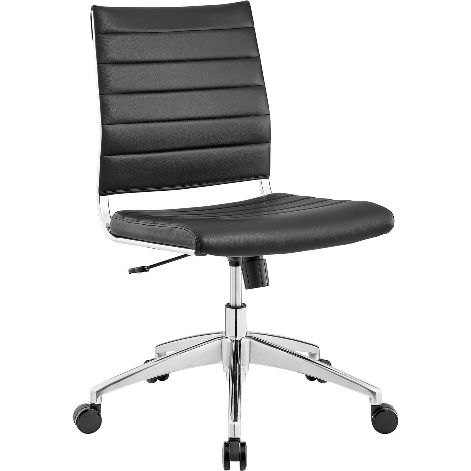 Black ribbed vinyl desk chair with armless silhouette and polished chrome five star base || EEI-1525-BLK || front_angle_studio
