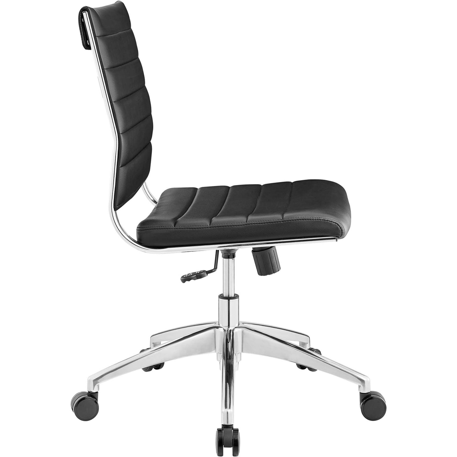 Slim profile of the Jive chair showing contoured seat and mid back support on casters || EEI-1525-BLK || side_studio