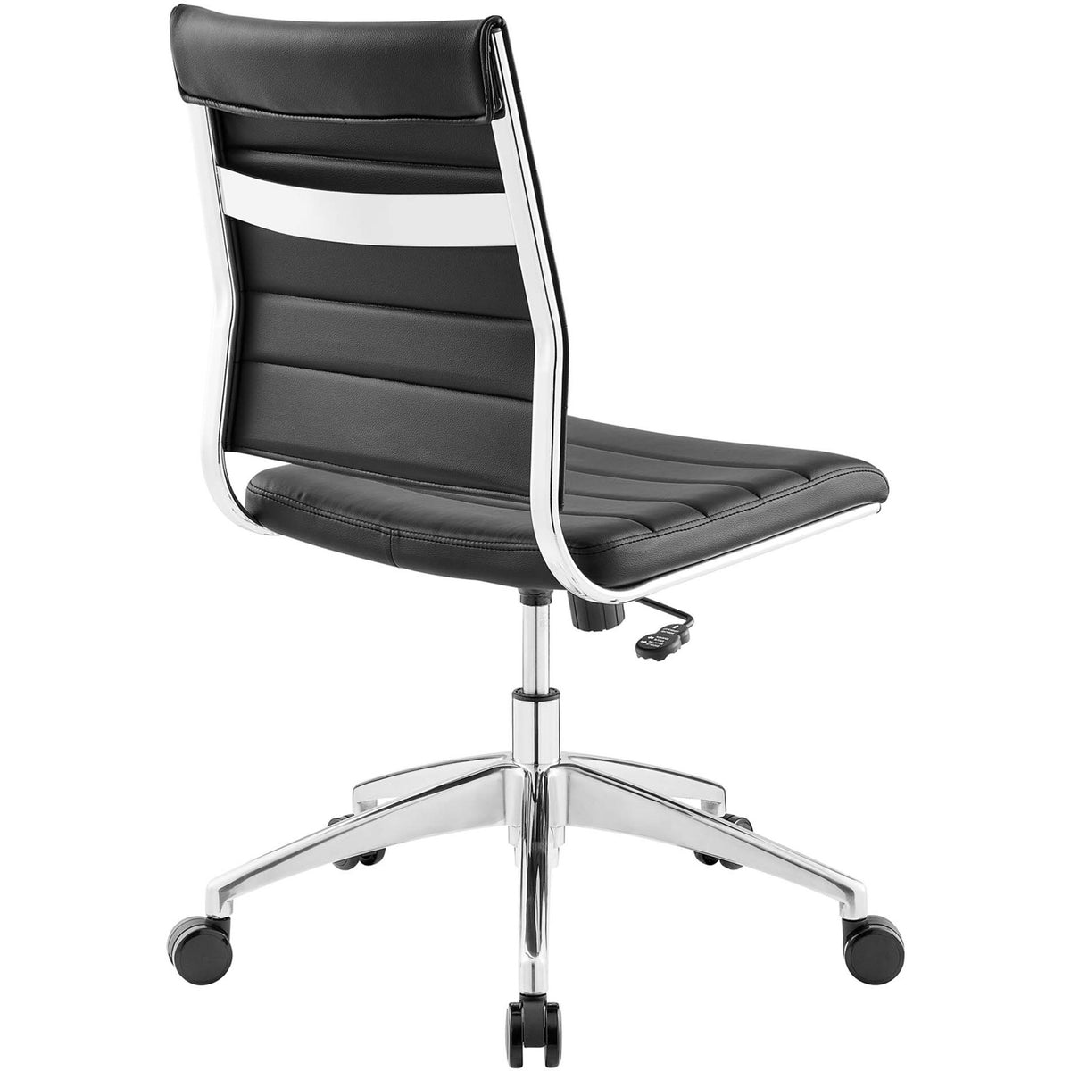 Jive office chair with sculpted black backrest, chrome frame, and integrated lumbar band || EEI-1525-BLK || back_angle_studio