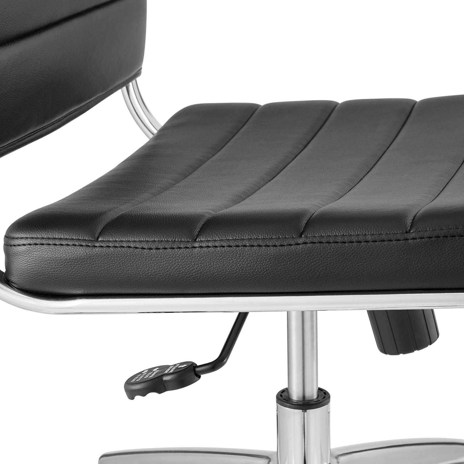 Padded black vinyl seat with horizontal channels and easy reach seat height adjustment lever || EEI-1525-BLK || detail_studio