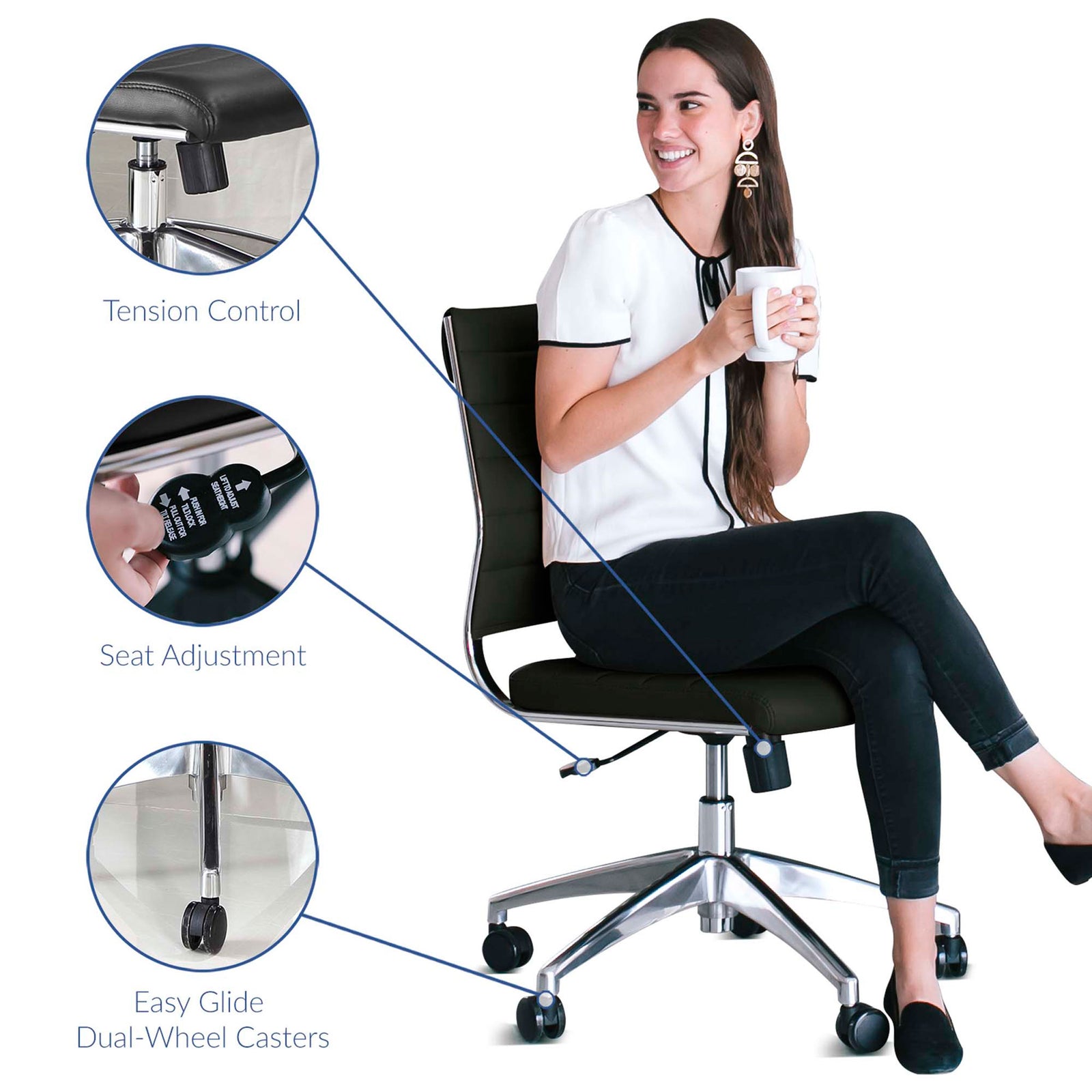 Feature highlights of the Jive chair in use, showing tension control, seat adjustment, and rolling casters || EEI-1525-BLK || callout_studio