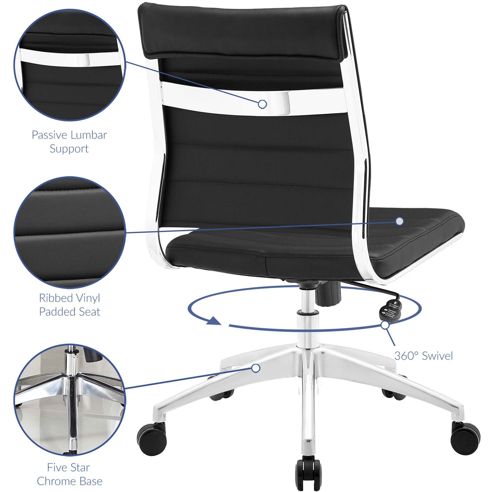 Feature highlights of the Jive chair showing passive lumbar support, padded seat, chrome base, and 360 swivel || EEI-1525-BLK || callout_studio