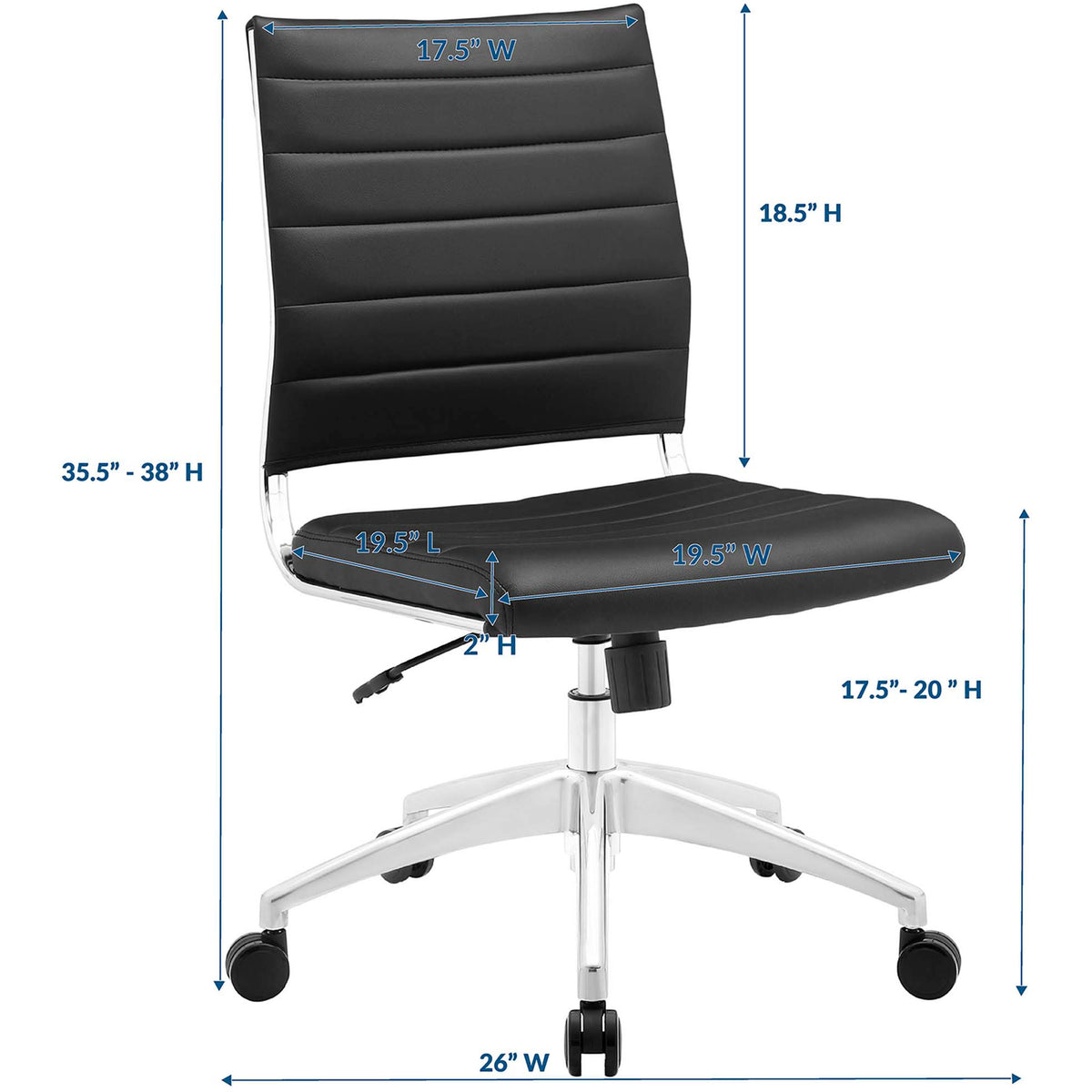 Size guide for the Jive armless office chair with labeled height, width, depth, and seat dimensions || EEI-1525-BLK || dimension_studio