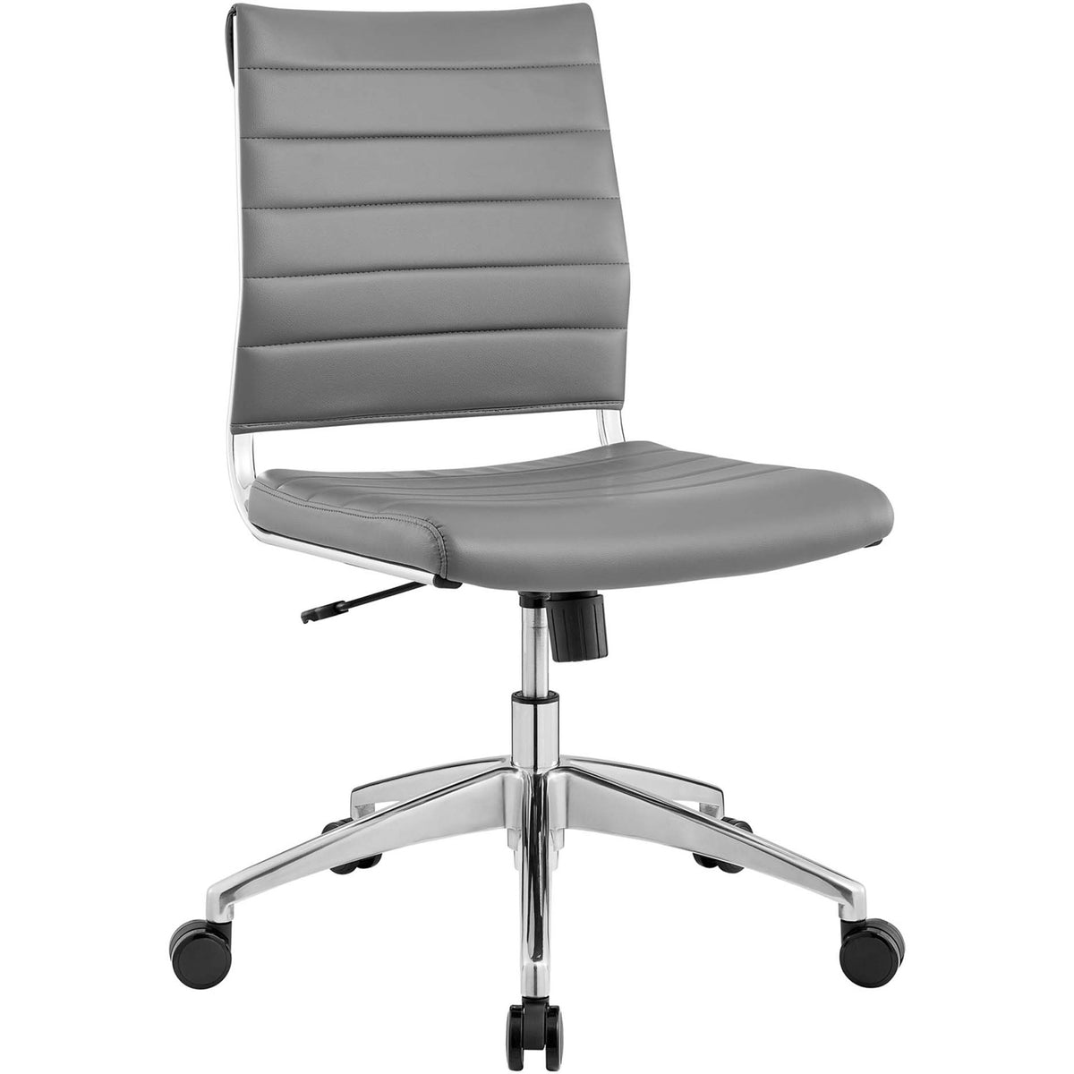 Sleek gray armless office chair with ribbed vinyl upholstery and polished chrome base || EEI-1525-GRY || front_angle_studio