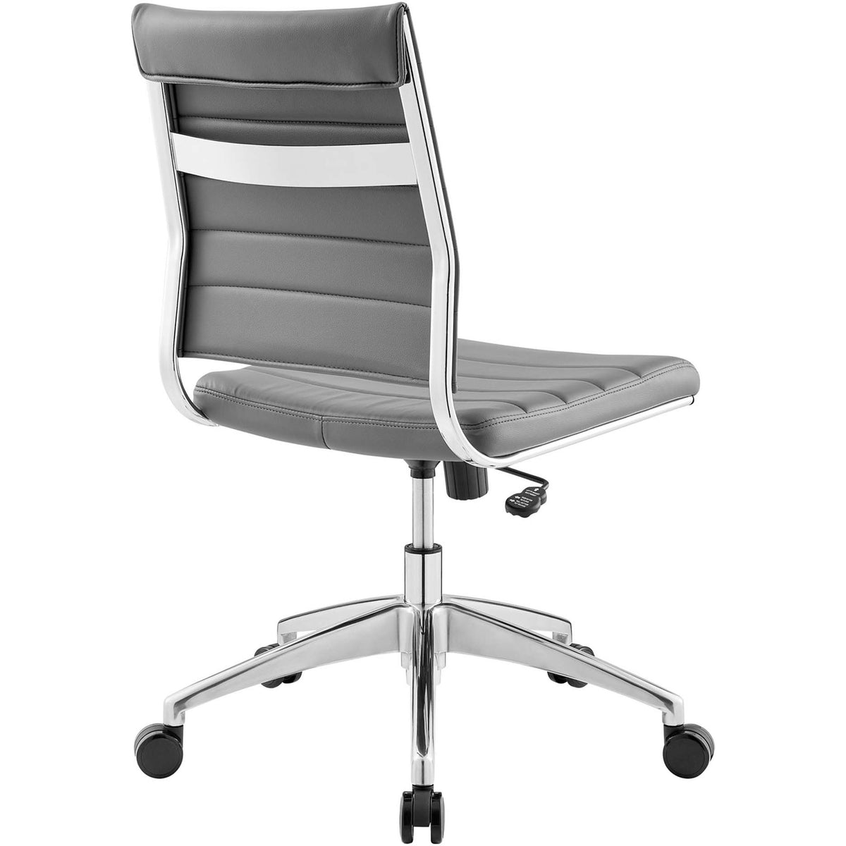 Gray ribbed back office chair with chrome frame and supportive lumbar band for modern workspaces || EEI-1525-GRY || back_angle_studio