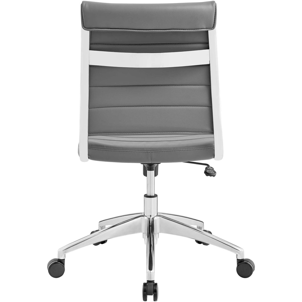Streamlined gray desk chair back with horizontal channel tufting and bright chrome support bar || EEI-1525-GRY || back_studio