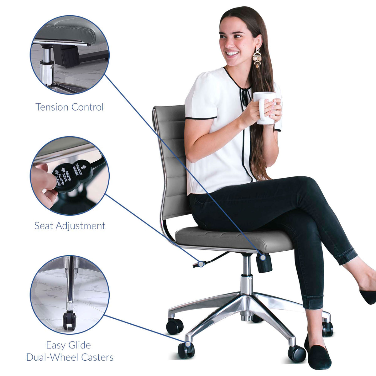 User enjoying gray Jive chair highlighting tension control, seat height adjustment, and smooth dual-wheel casters || EEI-1525-GRY || callout_studio