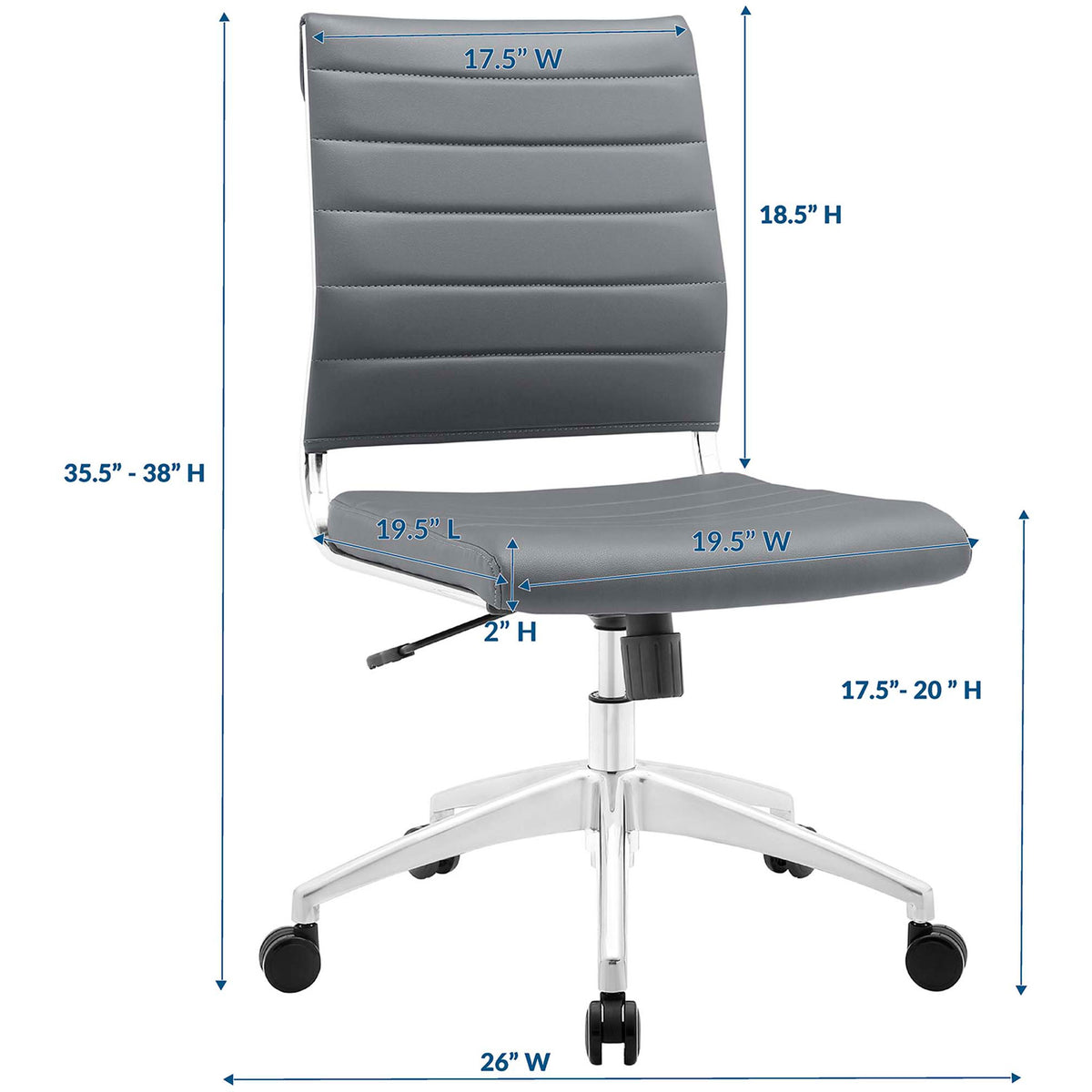 Sizing guide for gray Jive office chair with clearly labeled seat, back, and overall height dimensions || EEI-1525-GRY || dimension_studio