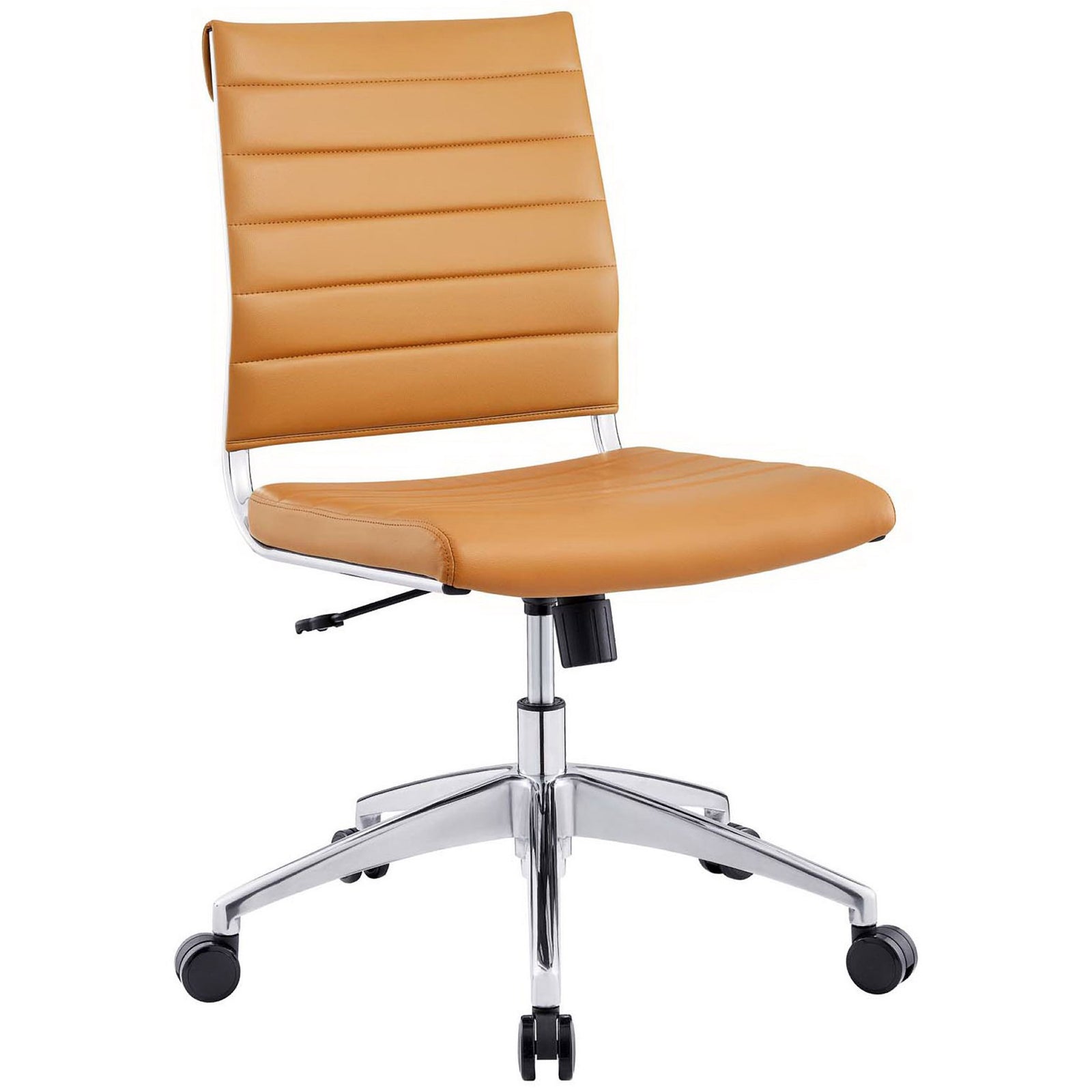 Tan armless mid-back office chair with ribbed faux leather seat and polished chrome base on casters || EEI-1525-TAN || front_studio