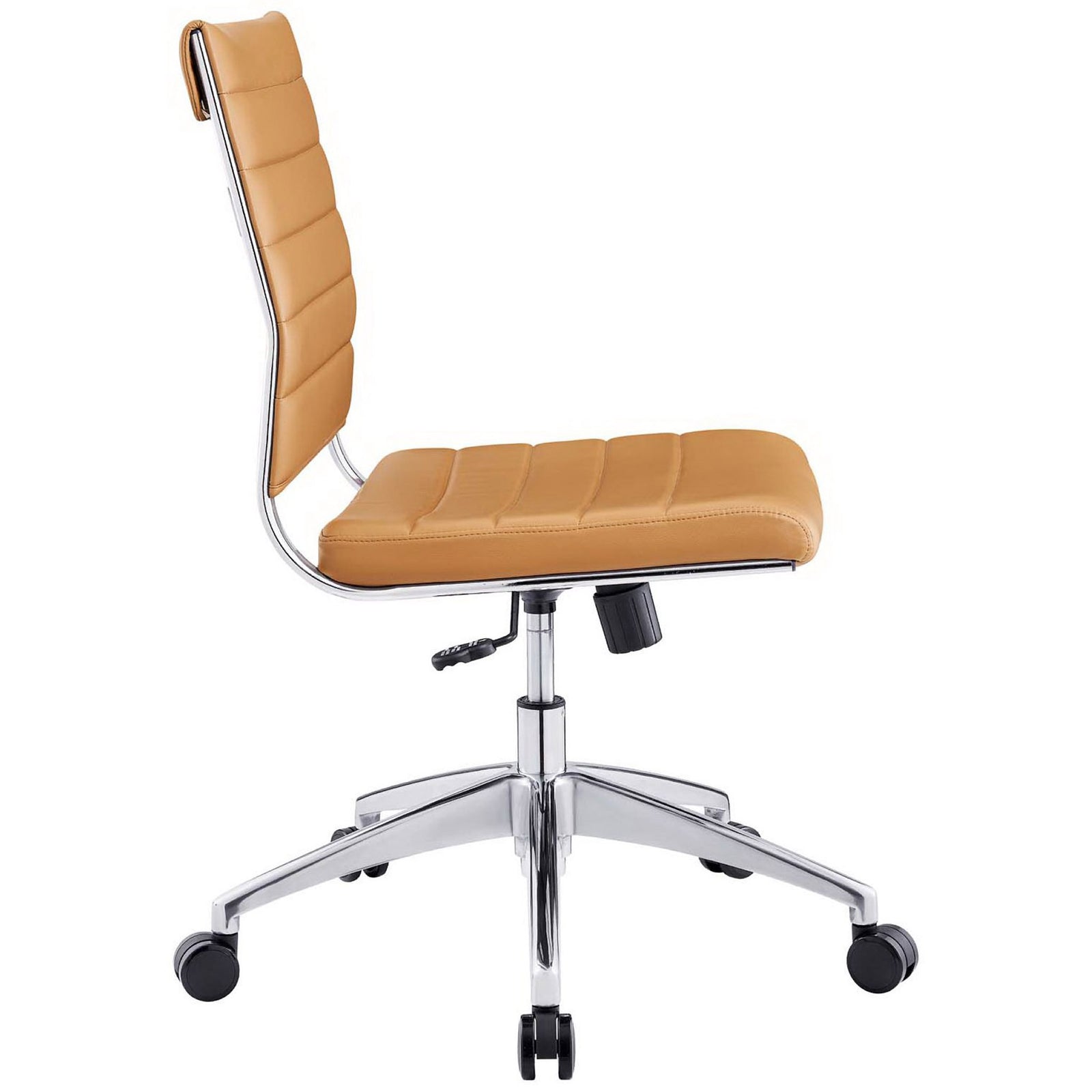 Tan swivel office chair with slim padded seat, ribbed backrest, and tilt-adjustable chrome base || EEI-1525-TAN || side_studio