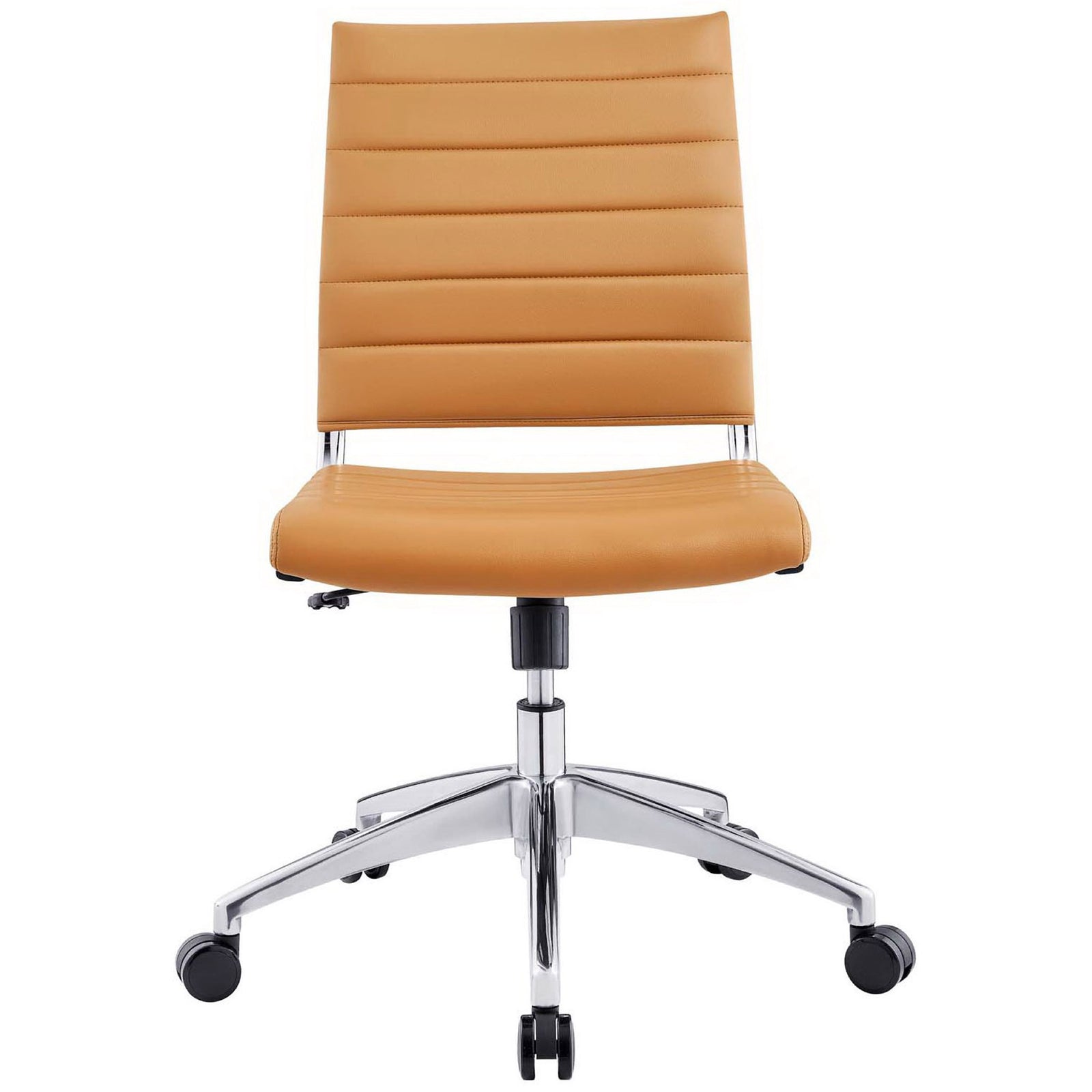 Tan armless mid-back office chair with ribbed faux leather seat and polished chrome base on casters || EEI-1525-TAN || front_studio