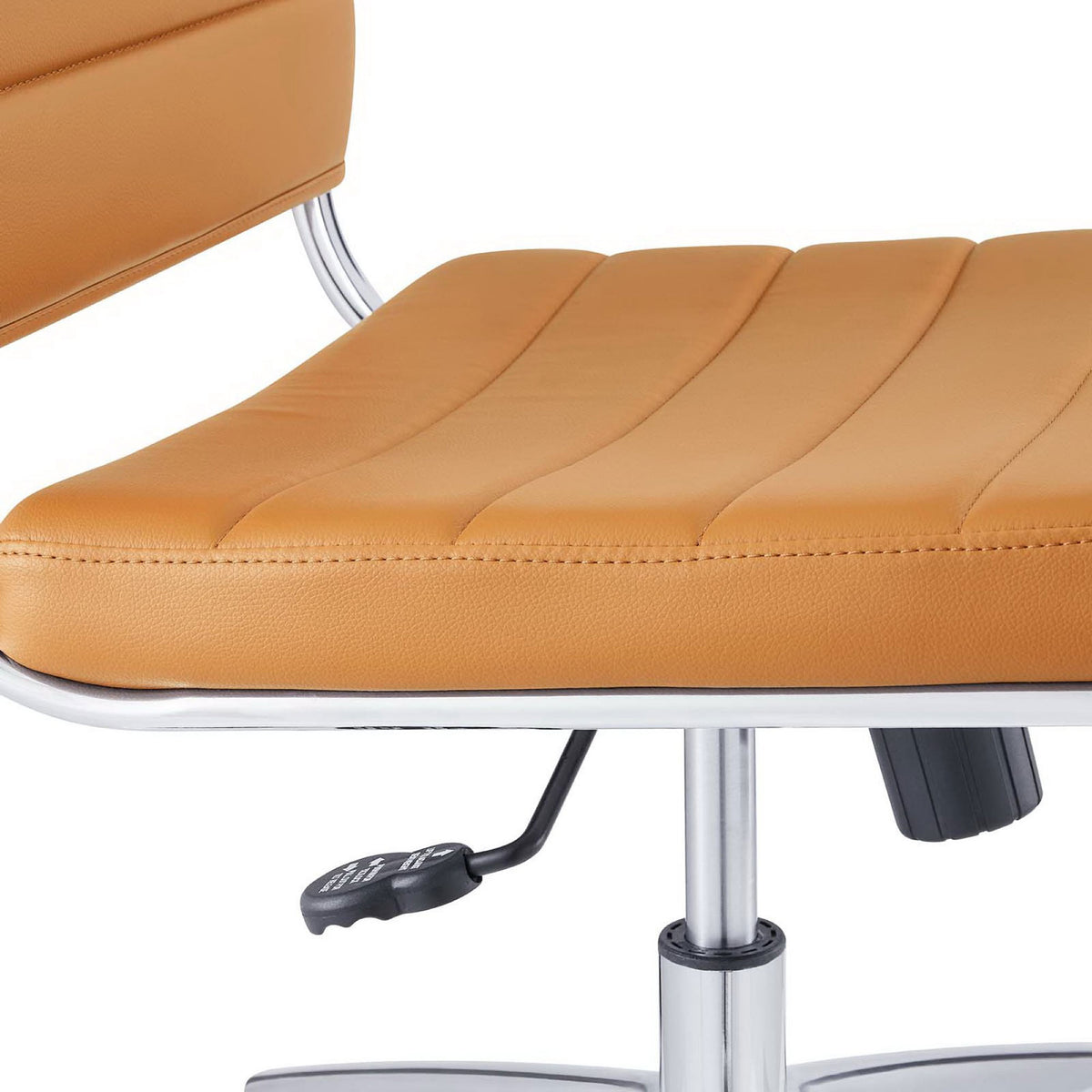 Tan padded seat with horizontal channel stitching, chrome column, and easy-reach tilt control lever || EEI-1525-TAN || detail_studio