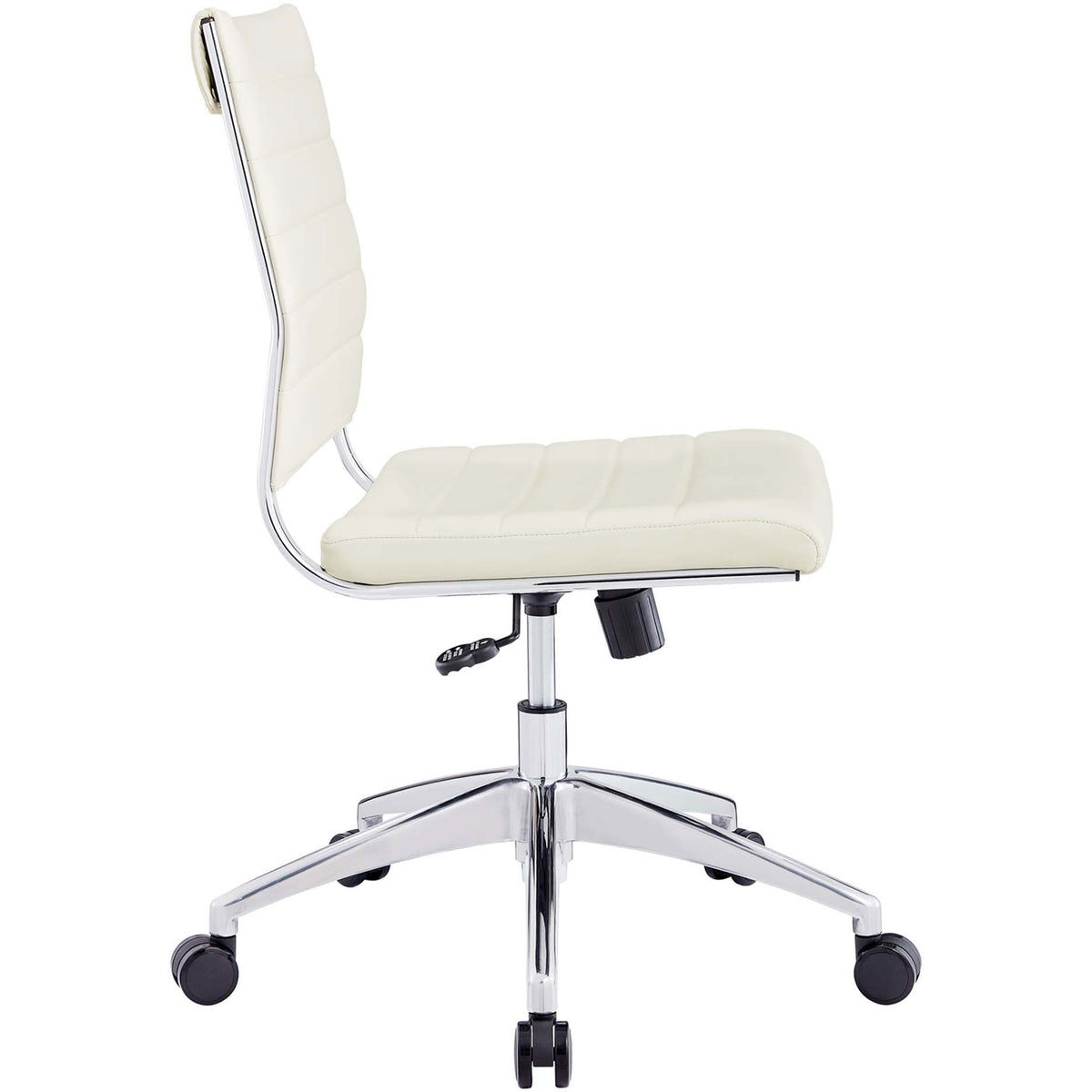 Slim white armless desk chair with gently curved backrest and polished chrome base. || EEI-1525-WHI || side_studio