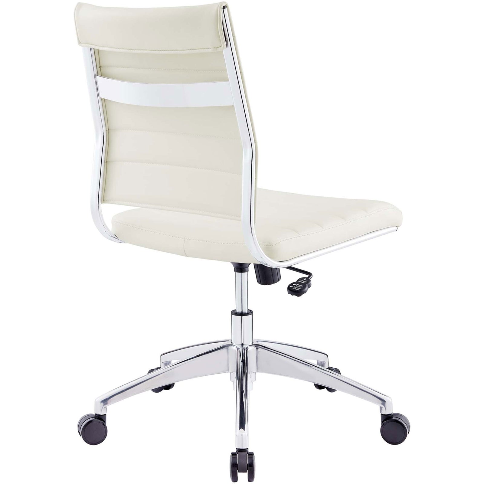 White armless office chair showcasing chrome frame, support bar, and smooth-rolling casters. || EEI-1525-WHI || back_angle_studio