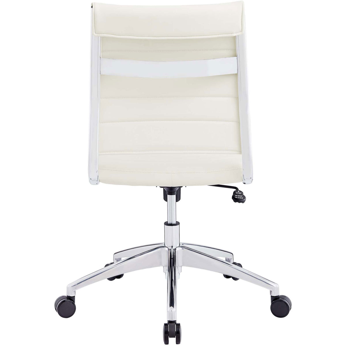 White armless office chair with horizontal ribbing and chrome support bar across the back. || EEI-1525-WHI || back_studio