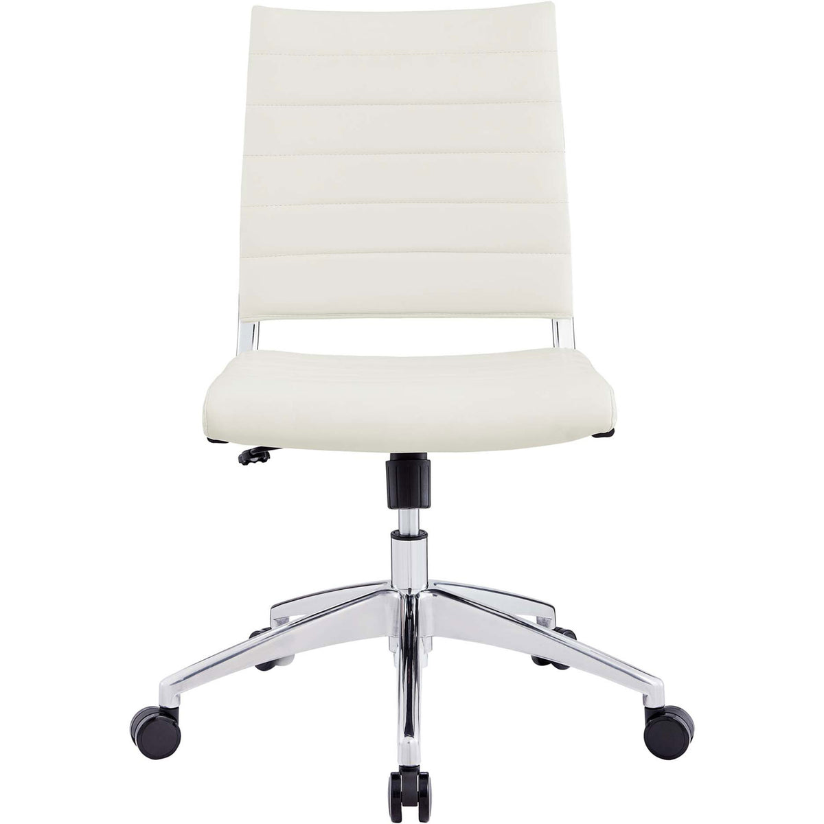 White armless mid-back office chair with ribbed vinyl upholstery and five-star chrome base. || EEI-1525-WHI || front_studio