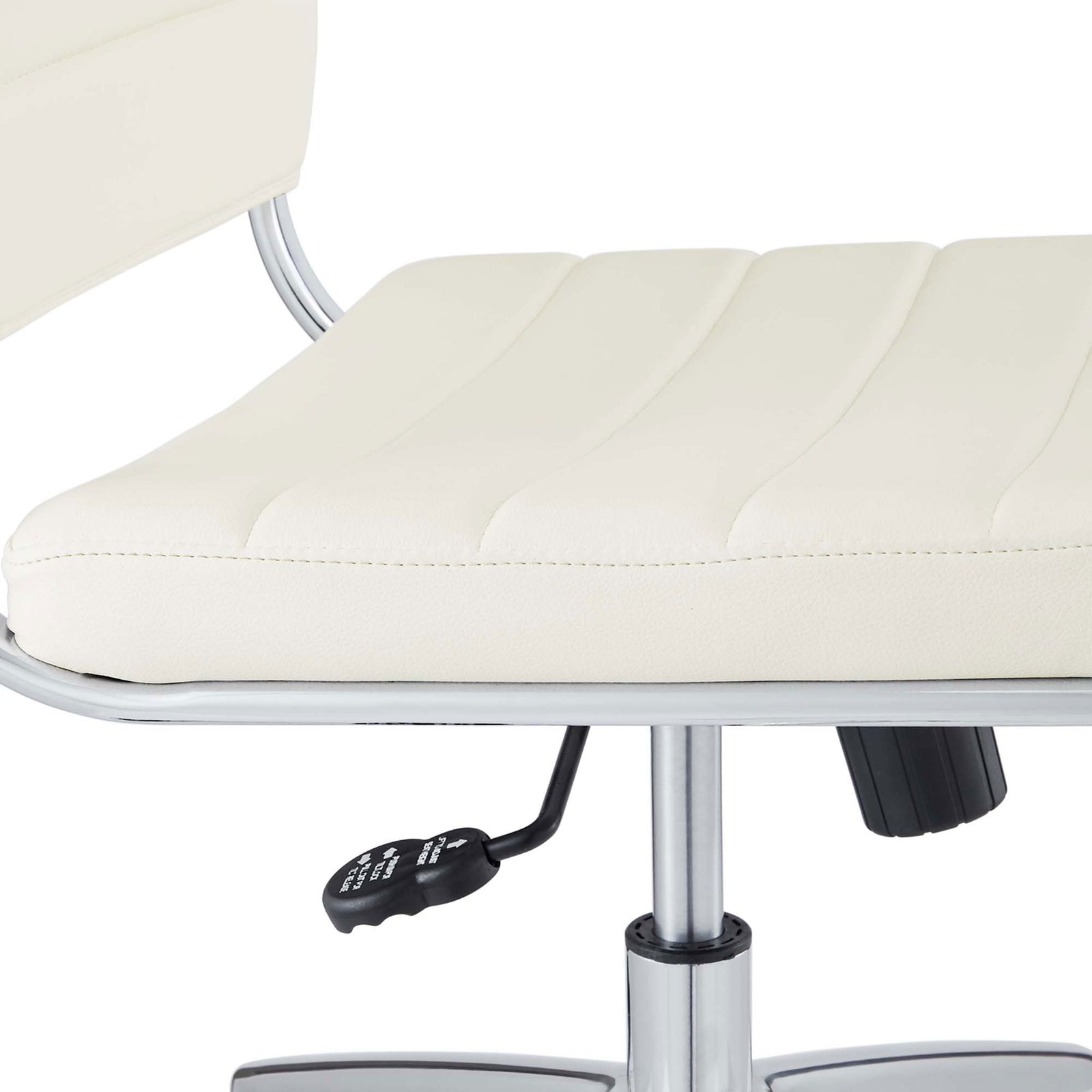Cushioned white seat with stitched channels and easy-access tilt and height controls. || EEI-1525-WHI || detail_studio