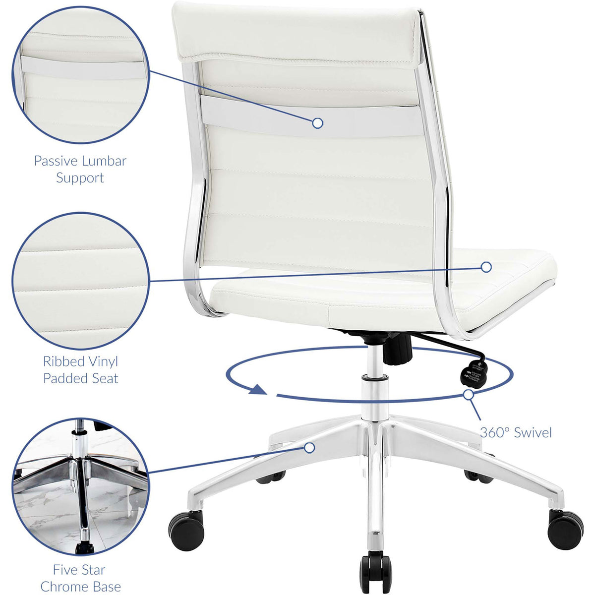 White armless office chair featuring lumbar support, ribbed vinyl seat, and 360-degree swivel base. || EEI-1525-WHI || callout_studio