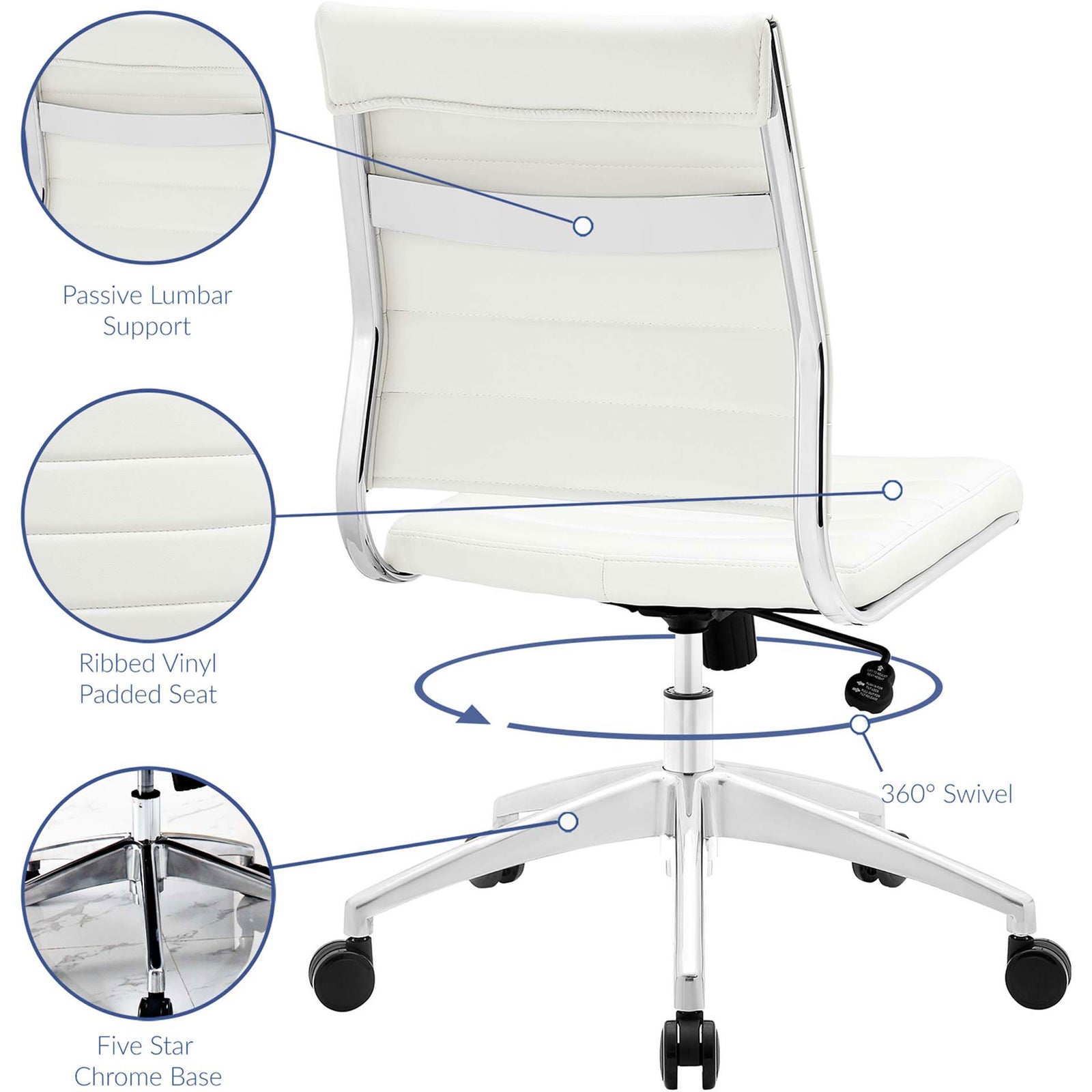 White armless office chair featuring lumbar support, ribbed vinyl seat, and 360-degree swivel base. || EEI-1525-WHI || callout_studio
