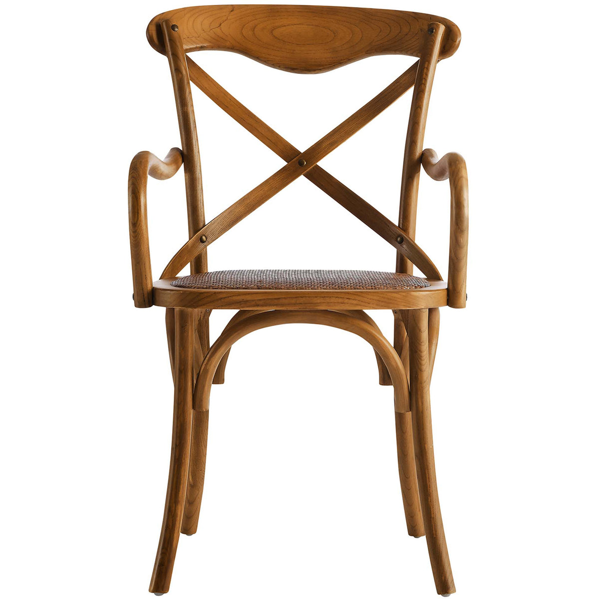 Curved wood armrests frame a textured woven seat beneath a gently contoured crossback || EEI-1538-WAL || front_studio