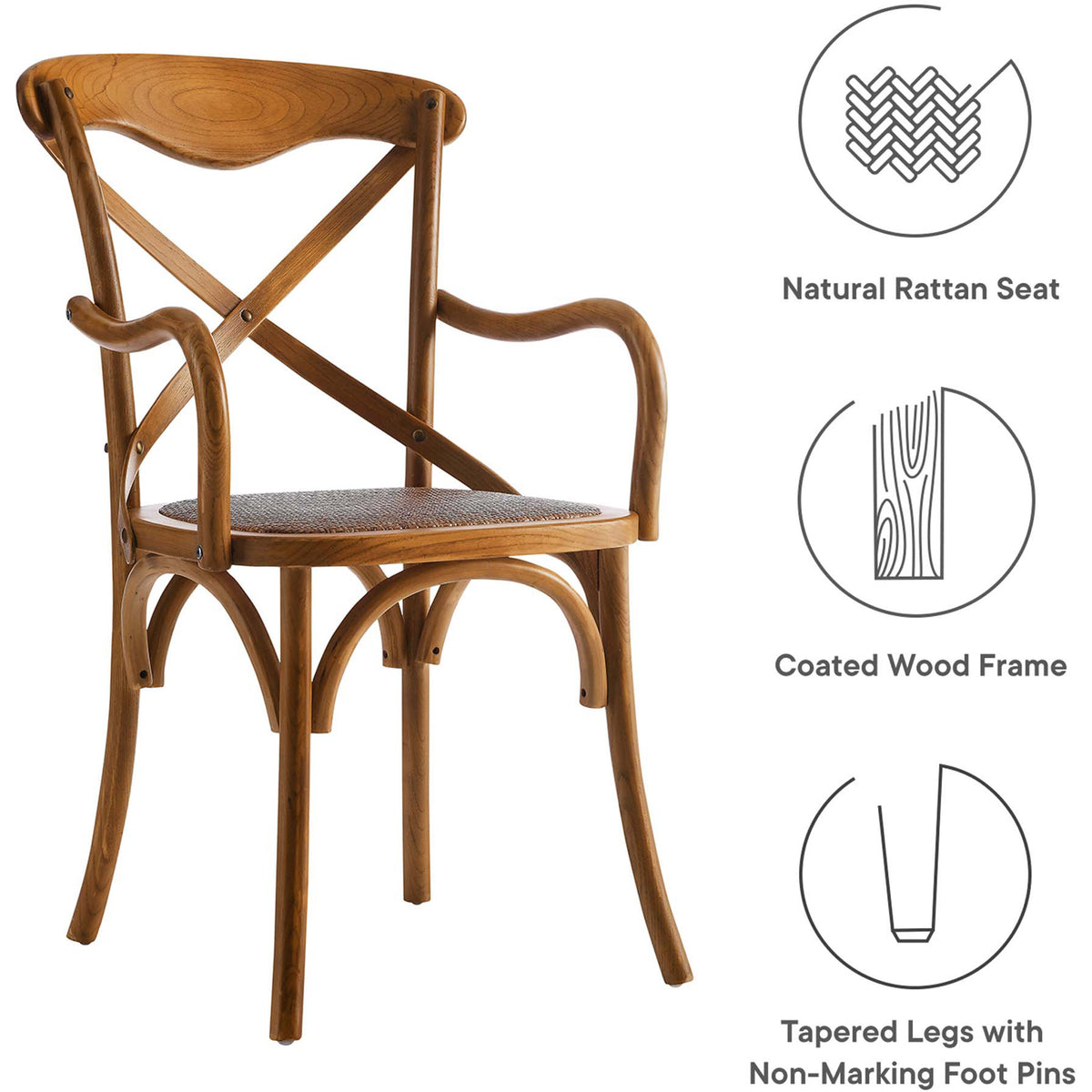 Natural rattan seating, coated wood, and tapered legs with non-marking foot pins add everyday appeal