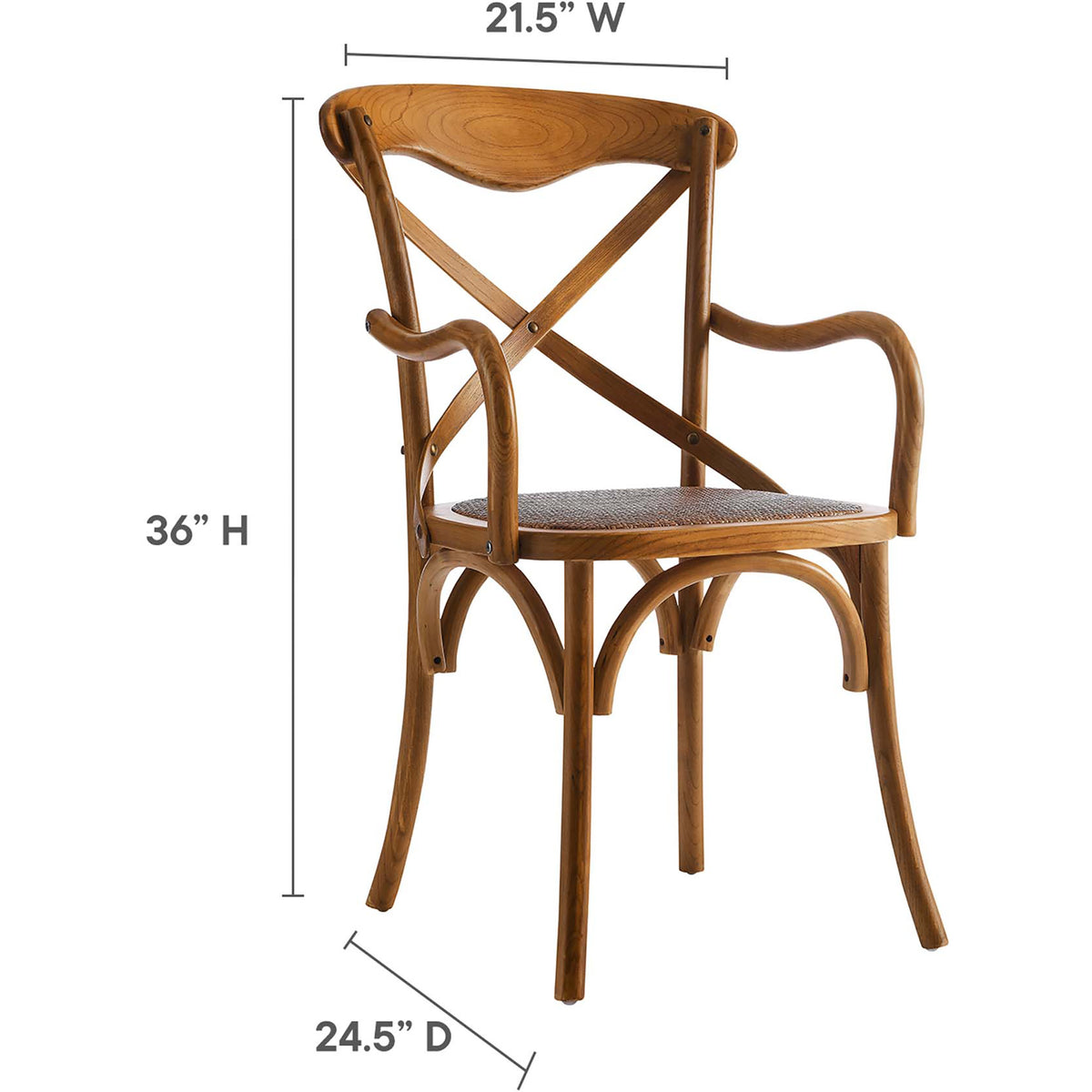 Walnut-finished armchair combines a 36-inch height with a woven seat and graceful curved arms