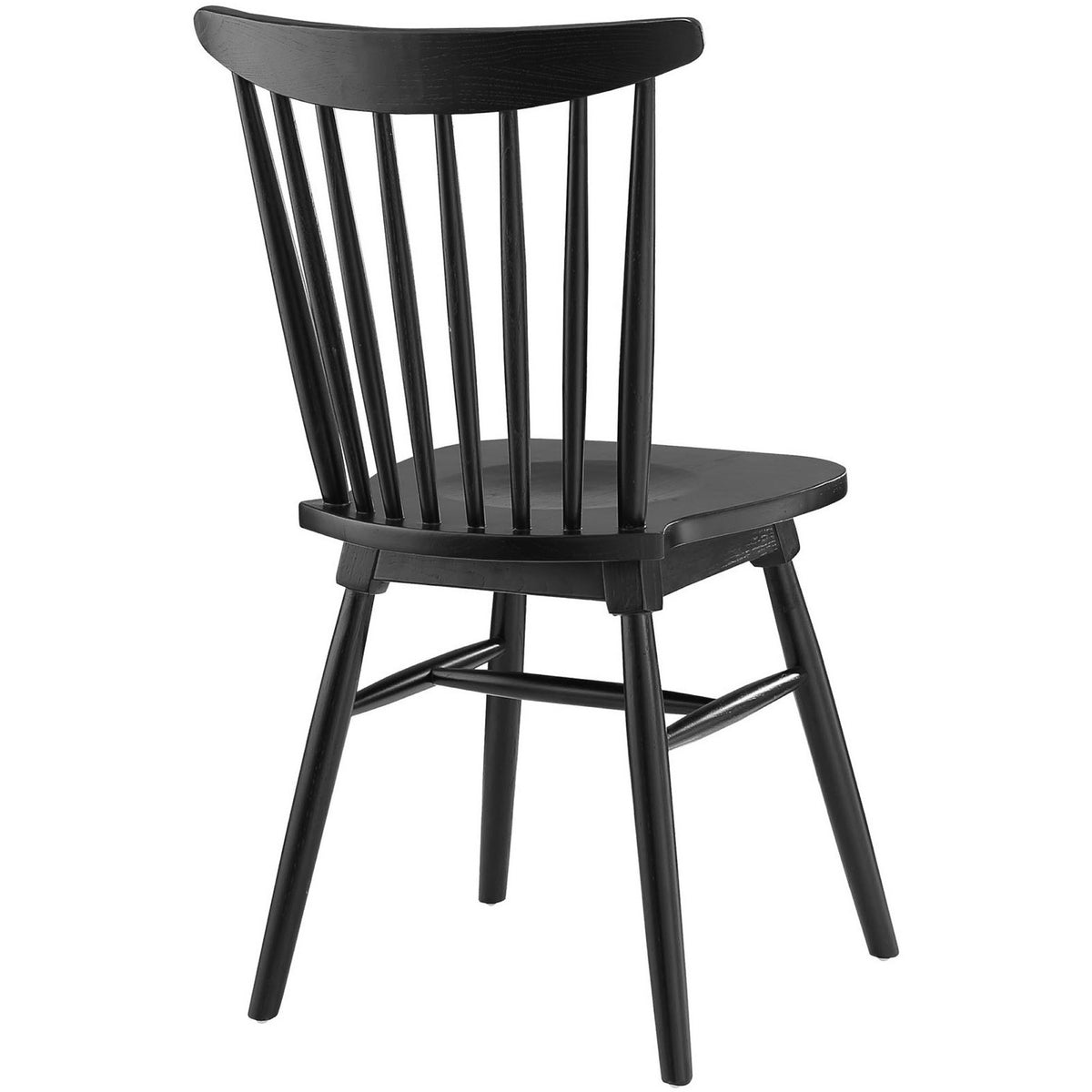 A curved top rail and slim black spindles complement the splayed legs and sturdy stretchers