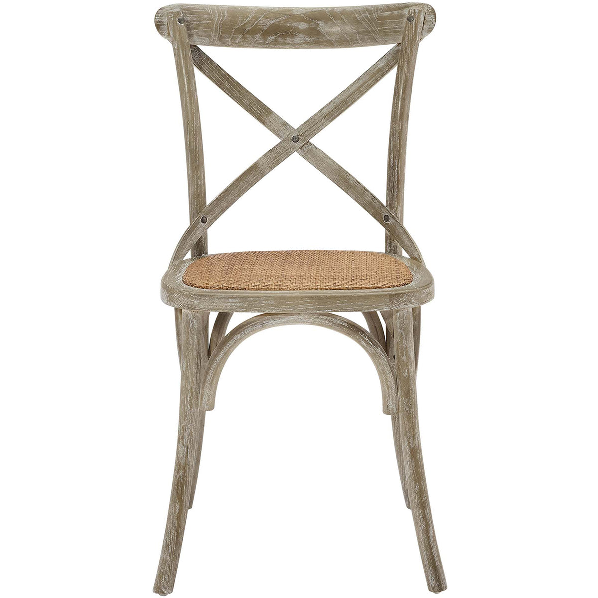 Rustic gray finish enriches the curved crest rail, crossed slats, and natural rattan seat || EEI-1541-GRY || front_studio