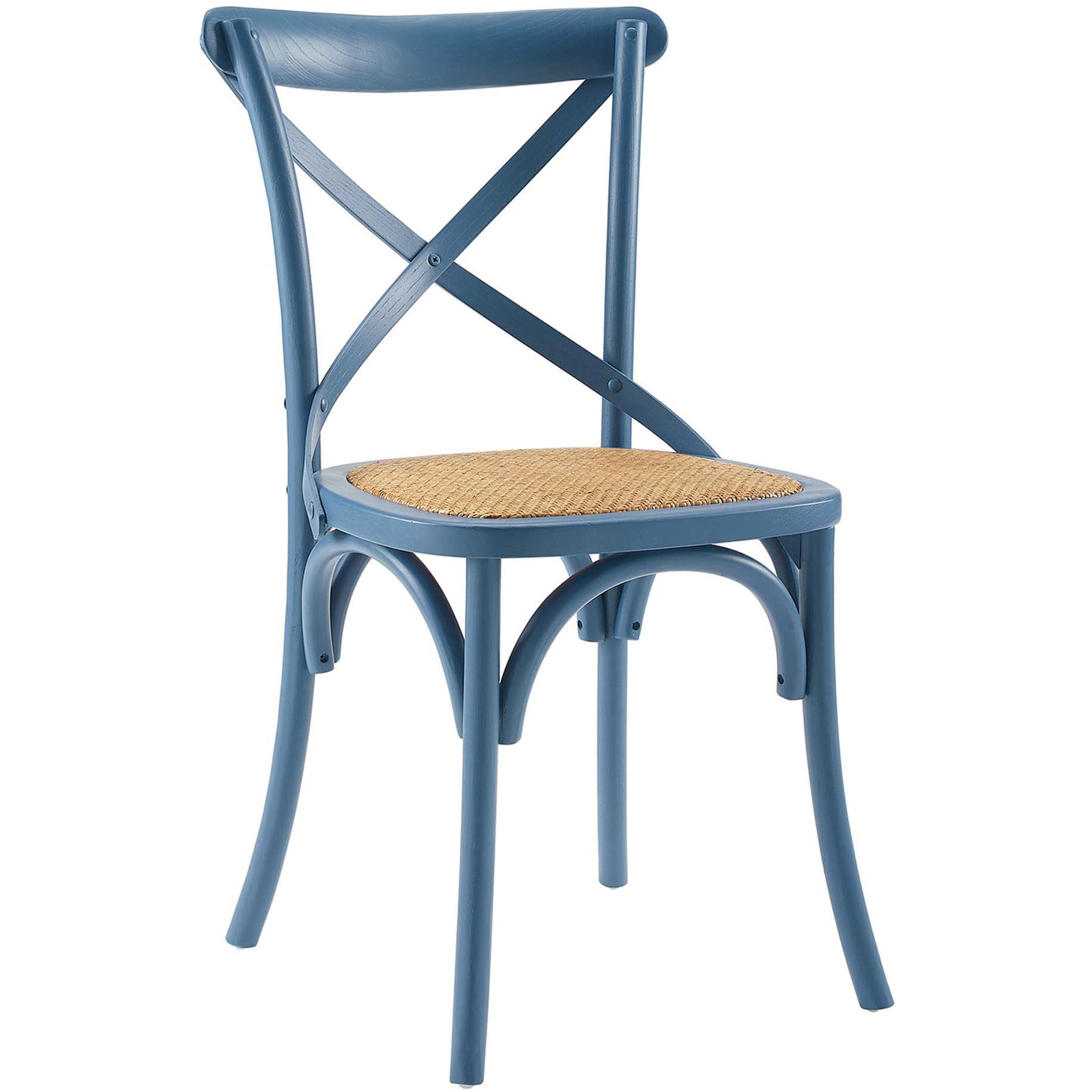 Blue cross-back dining chair with natural rattan seat and gracefully curved tapered legs || EEI-1541-HAR || front_angle_studio