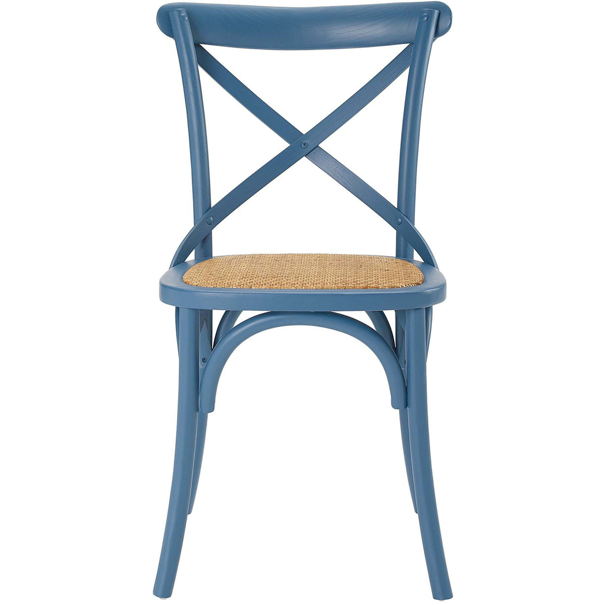 Blue farmhouse style dining chair with woven rattan seat and sturdy tapered front legs || EEI-1541-HAR || front_studio