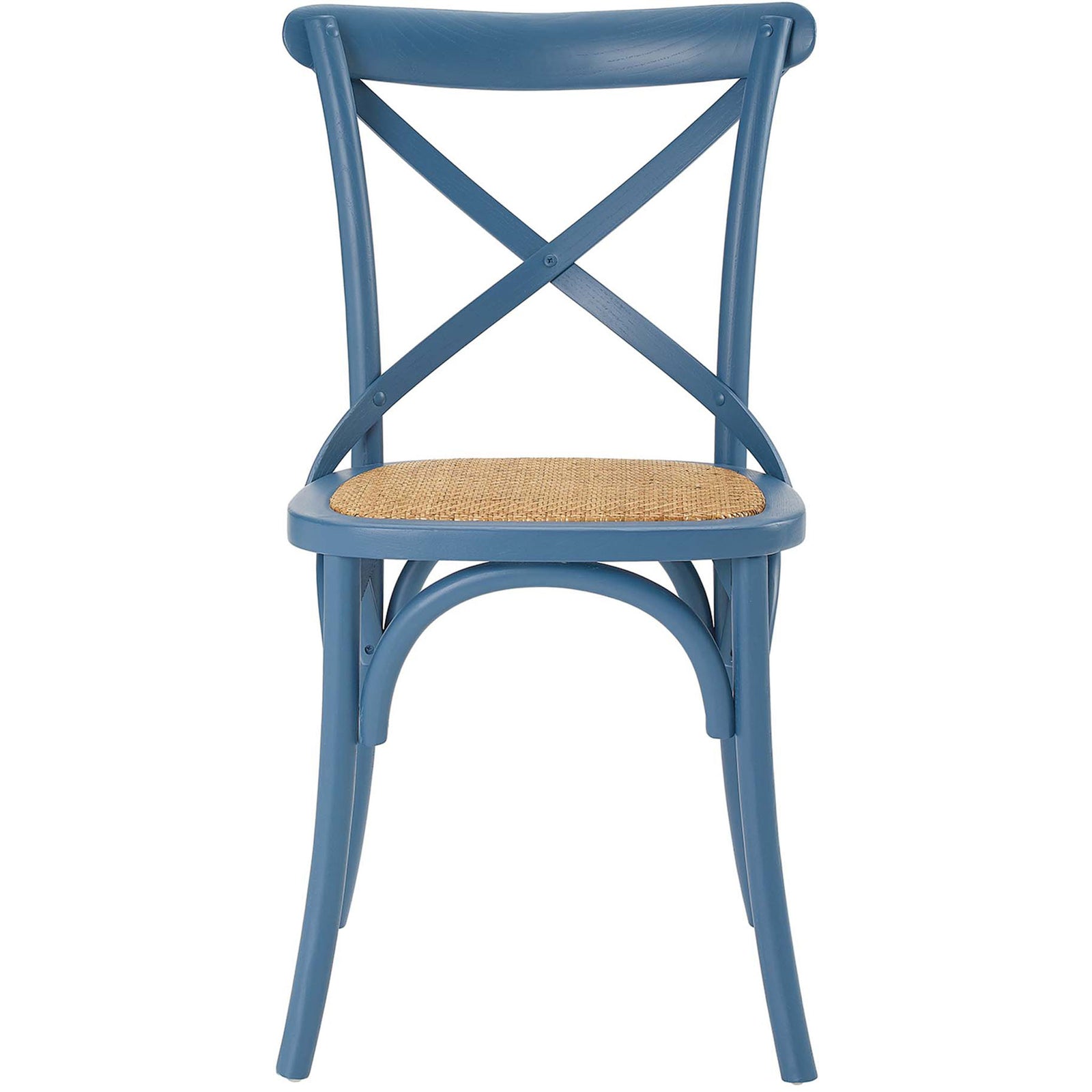 Blue farmhouse style dining chair with woven rattan seat and sturdy tapered front legs || EEI-1541-HAR || front_studio