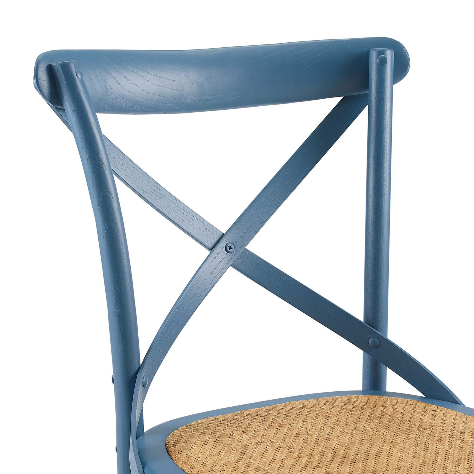 Smooth harbor blue cross-back chair backrest with curved top rail and woven seat detail || EEI-1541-HAR || detail_studio