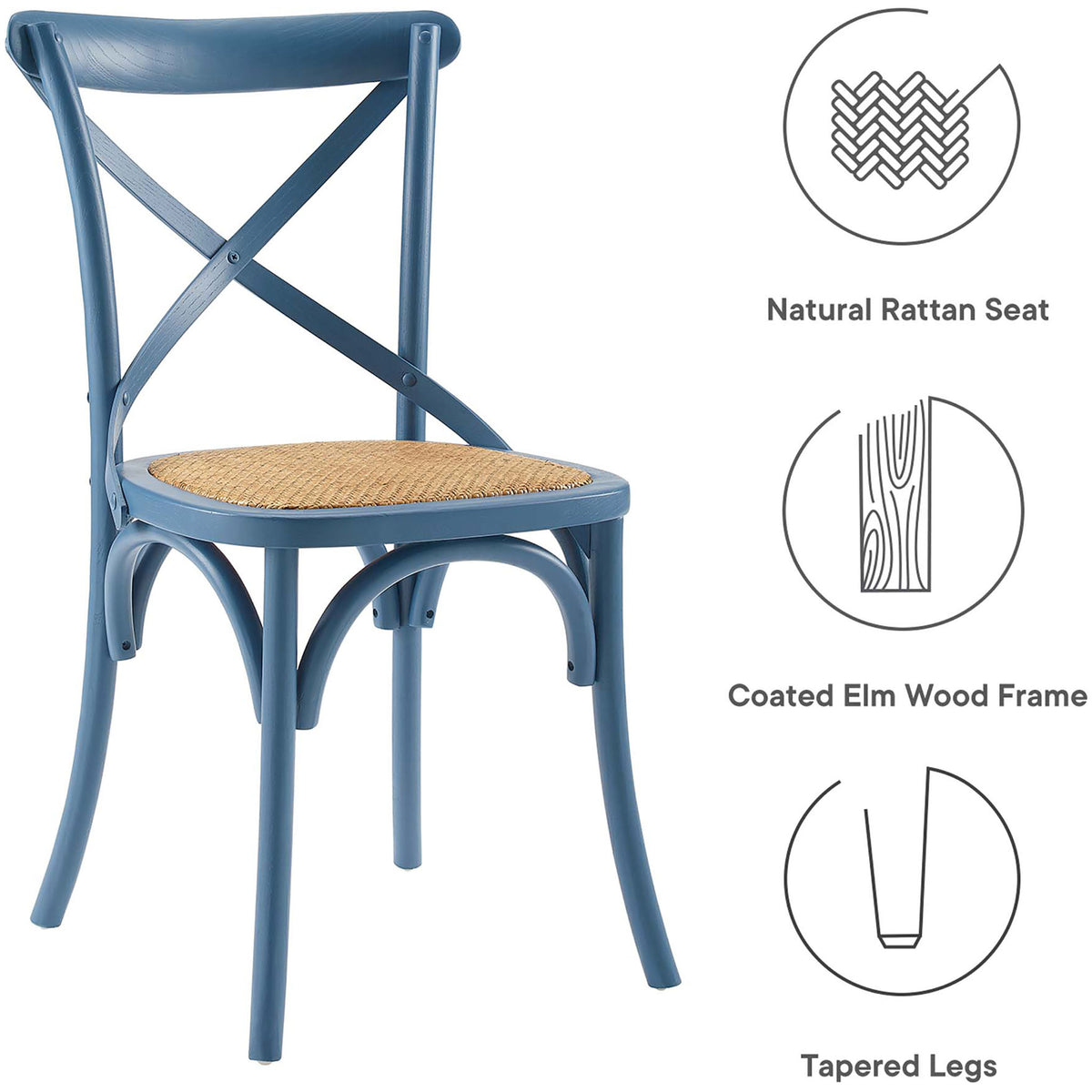 Gear dining side chair highlighting natural rattan seat, coated elm wood frame, and tapered legs || EEI-1541-HAR || callout_studio