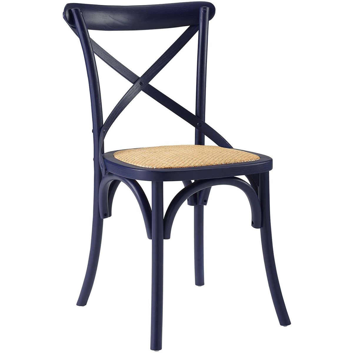 Midnight blue farmhouse dining chair with cross back and natural rattan seat. || EEI-1541-MID || front_angle_studio
