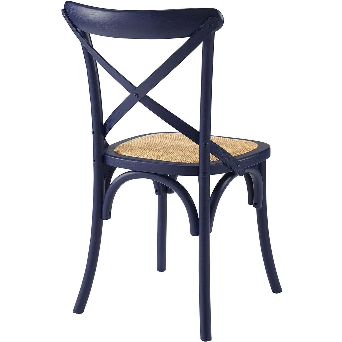 Midnight blue cross back dining chair showcasing curved frame and airy rattan seat. || EEI-1541-MID || back_angle_studio