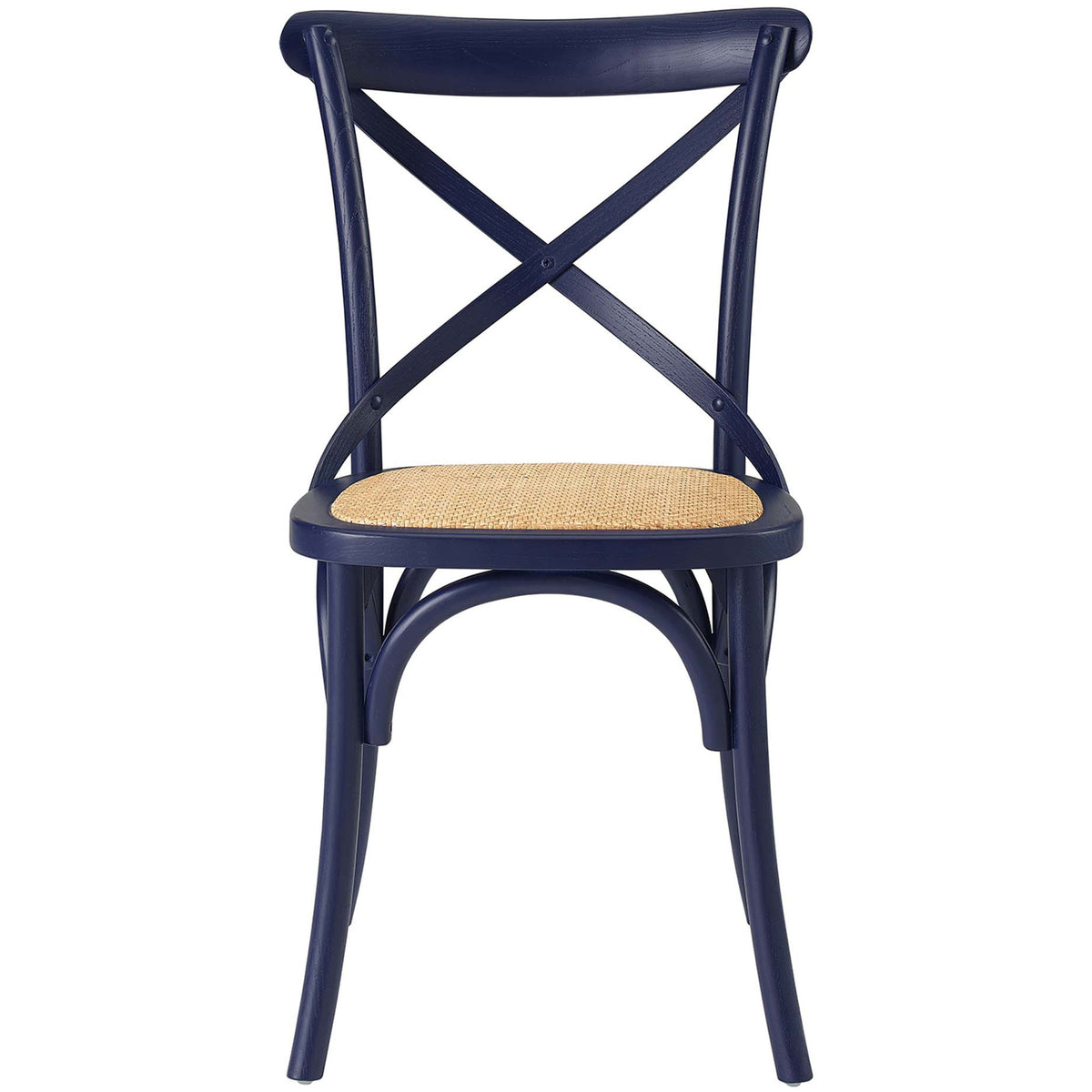 Classic midnight blue dining side chair with X backrest and woven natural rattan seat. || EEI-1541-MID || front_studio