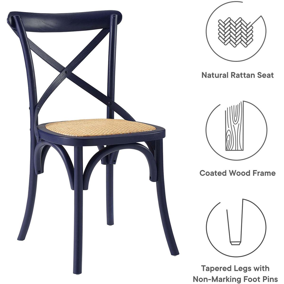 Midnight blue dining chair with icons highlighting rattan seat, coated wood, and tapered legs. || EEI-1541-MID || callout_studio