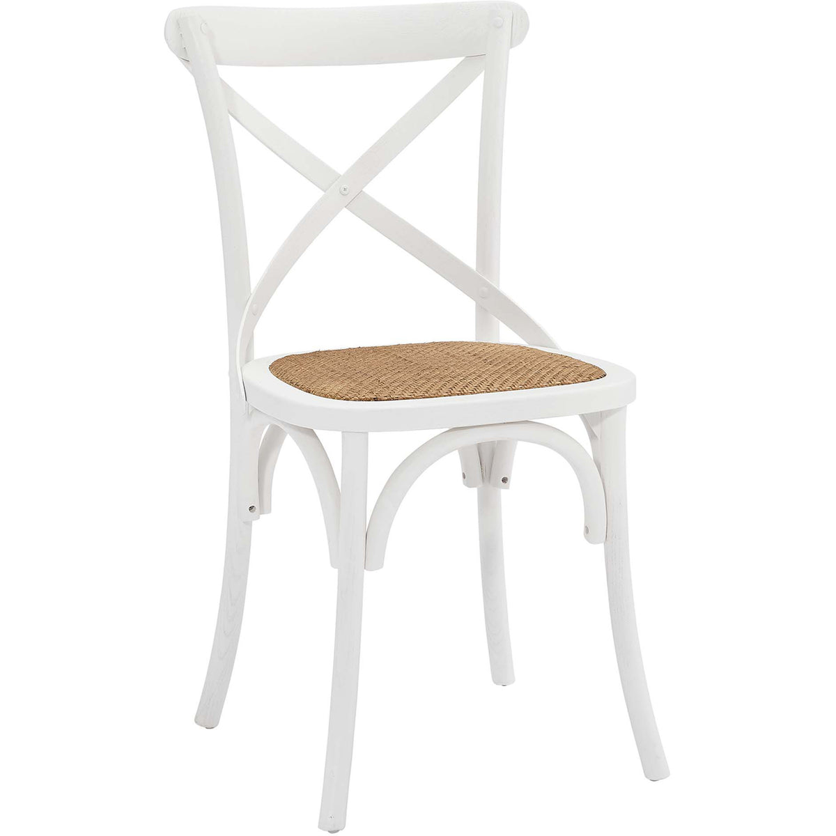 White wood dining chair with a breezy crossback, natural rattan seat, and arched braces || EEI-1541-WHI || front_angle_studio