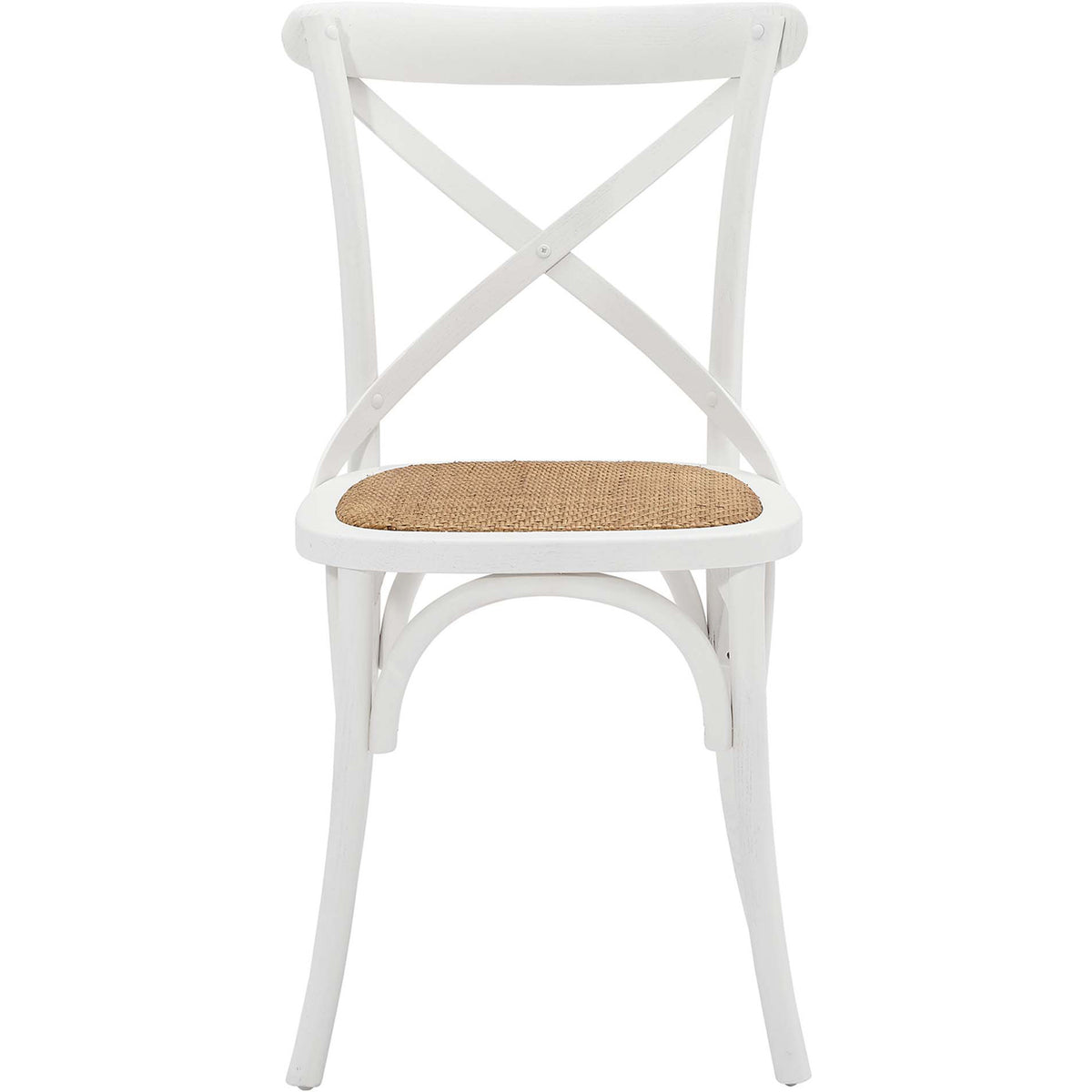 Bright white wood frame highlights an open crossback and a neatly woven rattan seat || EEI-1541-WHI || front_studio