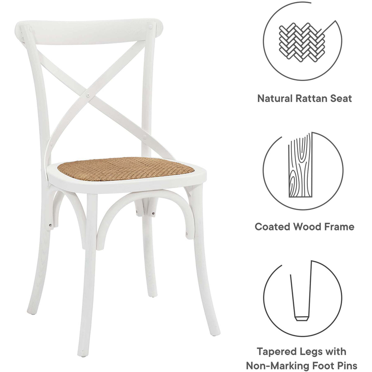 Coated white wood, a natural rattan seat, and tapered legs with non-marking foot pins suit daily use