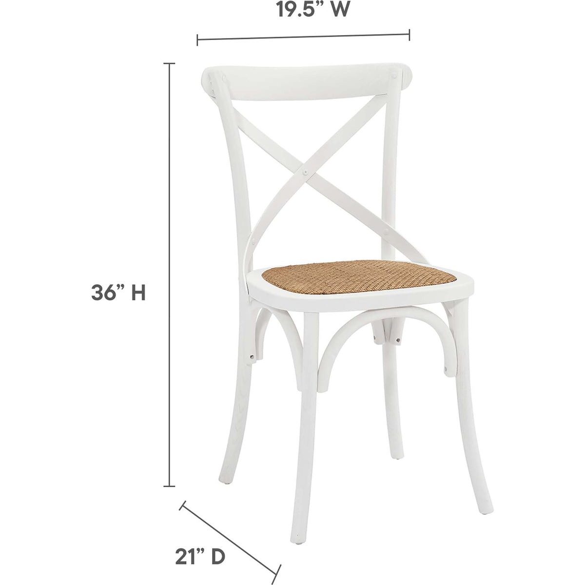 White crossback chair offers a 19.5-inch width, 21-inch depth, and airy 36-inch height