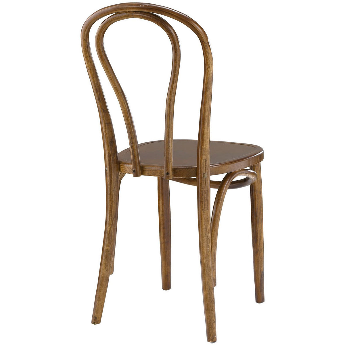 Walnut-toned dining chair with a rounded back frame and graceful bentwood-style curves