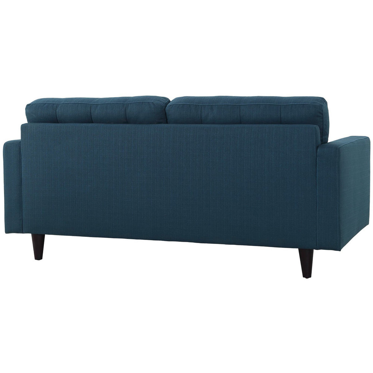 A smooth azure blue upholstered back complements clean-lined arms and dark tapered legs.