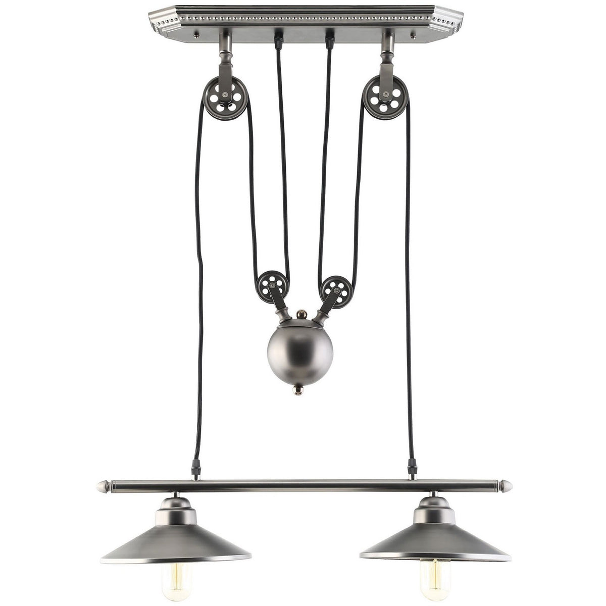 Polished steel pulley ceiling fixture with dual metal shades for an industrial dining or kitchen look || EEI-1567 || front_studio