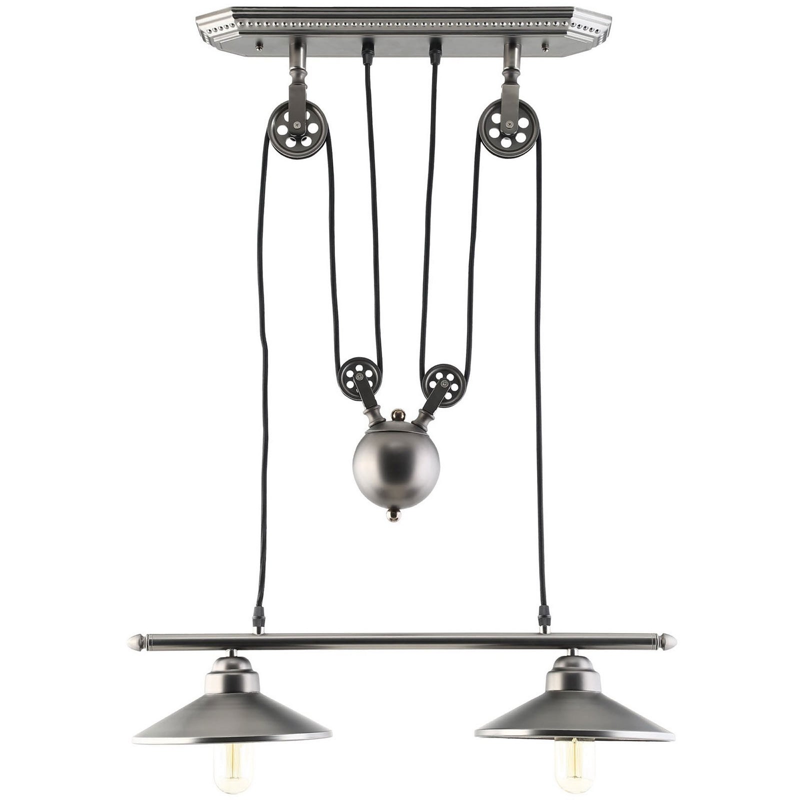 Polished steel pulley ceiling fixture with dual metal shades for an industrial dining or kitchen look || EEI-1567 || front_studio